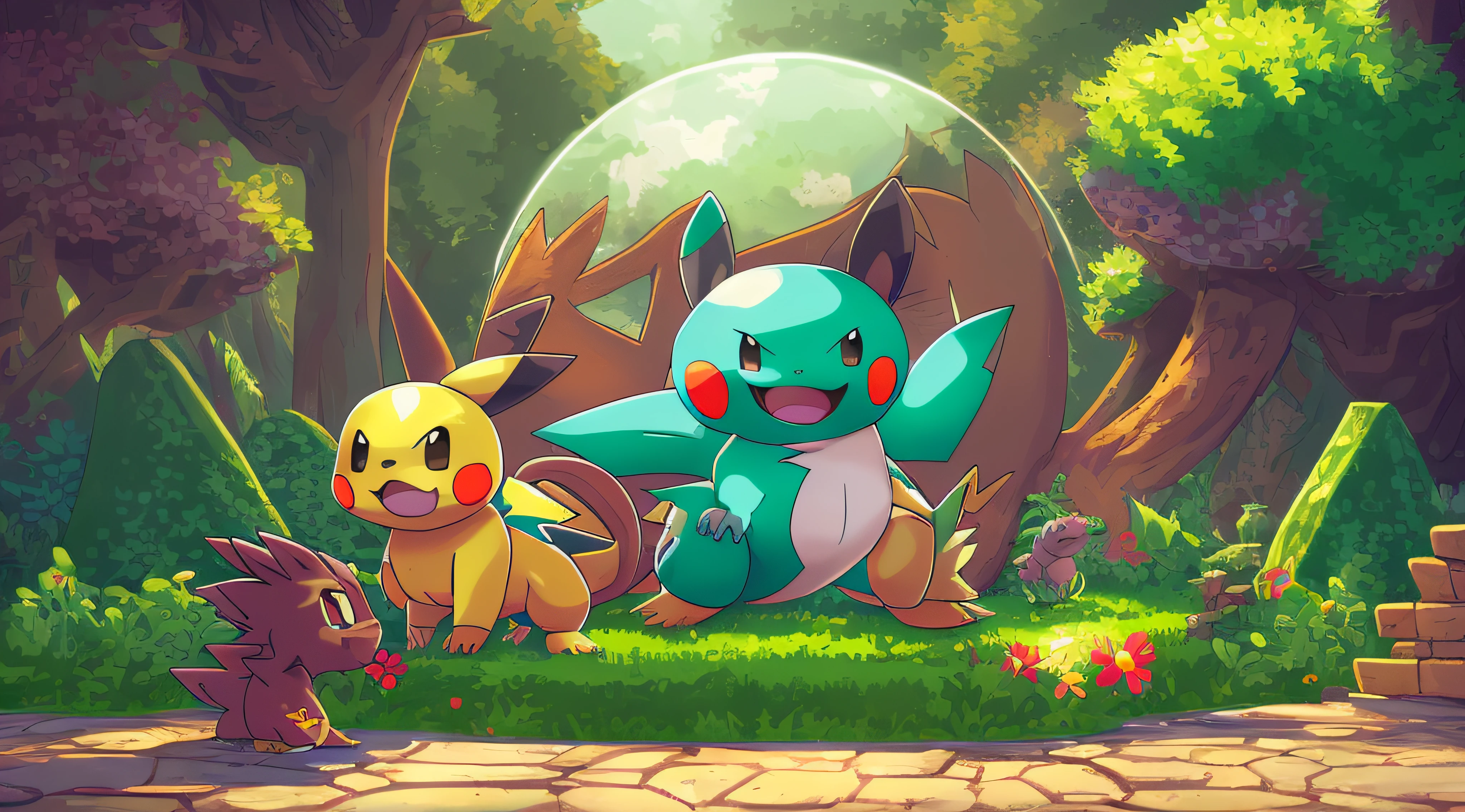 (best quality, 4k, 8k, highres, masterpiece:1.2), pixel art, ultra-detailed, (realistic, photorealistic, photo-realistic:1.37), colorful, vibrant colors, Pokémon, landscape, textured, dynamic, anime style, bright sunlight, forest, Pikachu, Charizard, Bulbasaur, Jigglypuff, Eevee, Pokémon trainers, intense battle, magical atmosphere