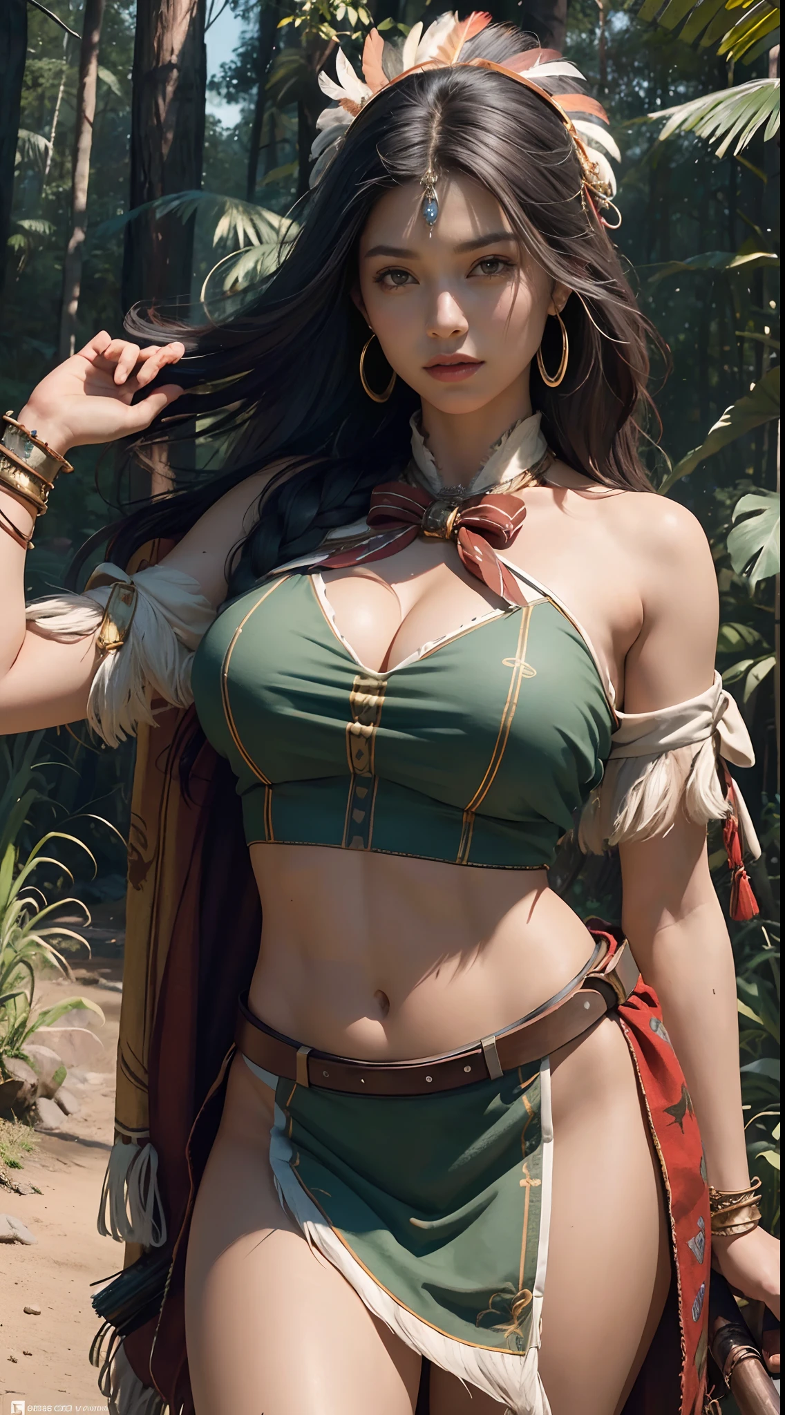 ((masterpiece)), ((best quality)), ((highres)), extremely detailed)), 1 girl as Pocahontas costume, full body, Beautiful Native American woman, mature woman, Big breast, (super realistic), (peerless beauty), detailed skin texture, detailed cloth texture, beautiful detailed face, intricate details, ultra detailed, indigenes feather jewelry, feather headdress, traditional handmade dress, armed female hunter warrior, Smile to viewer, dynamic pose, ((Aiming the Bow)), (((wild west))) environment, in the jungle, ultra realistic, concept art, elegant, ((intricate)), ((highly detailed)), depth of field, ((professionally color graded)), soft ambient lighting, dusk, (Best quality, A high resolution, Photorealistic, primitive, 8K,Masterpiece, ),Best quality, Masterpiec8K.hdr. High ribs:1.2, filmgrain, Blur bokeh:1.2, Lens flare, (vivd colour:1.2), (Delicate),