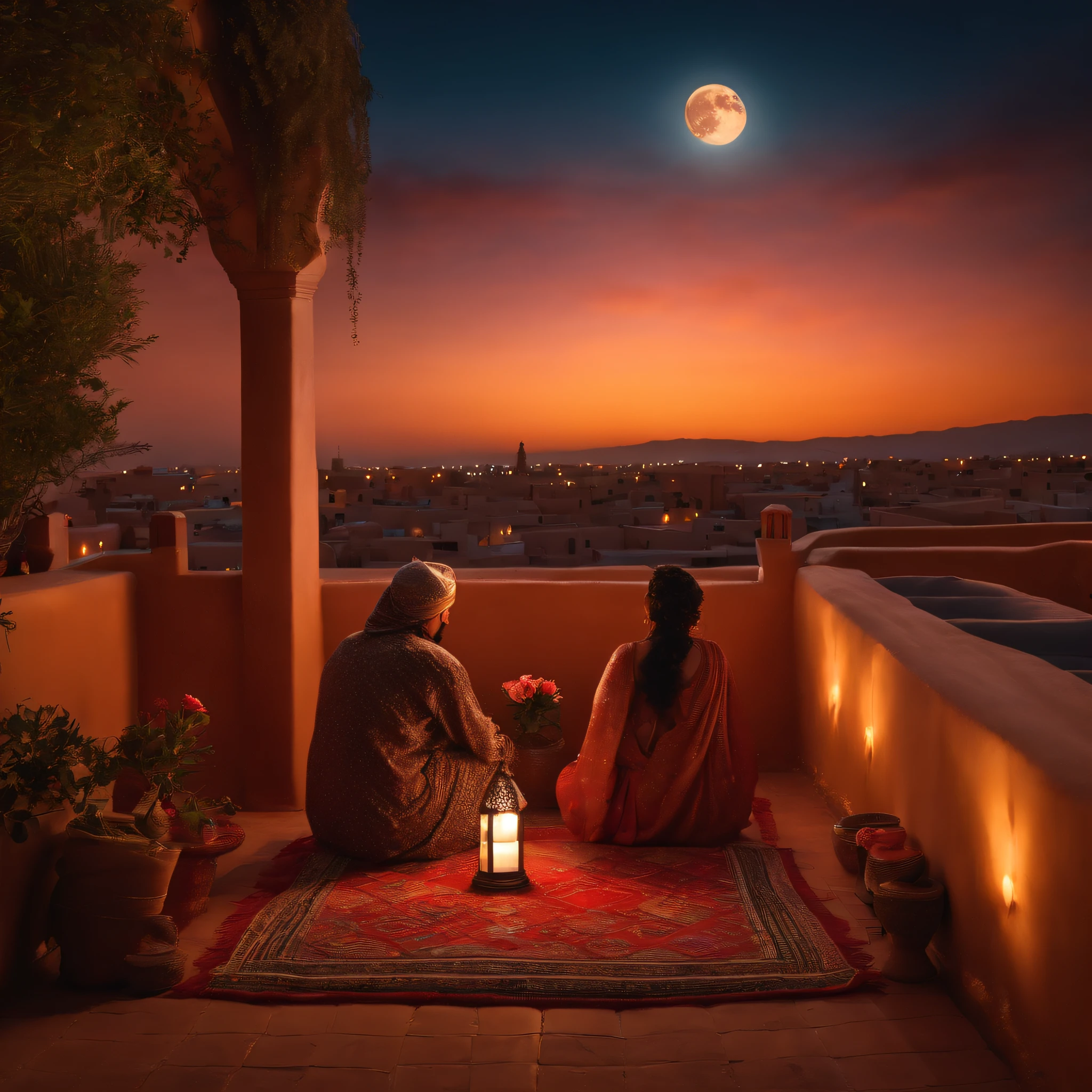 hyper realistic photo, ultra detailed photograph of a beautiful Moroccan rooftop, (one young thin man and one curvy woman from behind), face hidden, towards view, praying together, male and female, photorealistic, riad rooftop, many Amazigh pillows, Marrakech view, colorful sunset, stunning moon, shimmering stars, iridescent, hyperrealism, moroccan lamps, Ultra photoreal, Intricate details, Ultra detailed, photorealistic, great high details, hyper real photo, 8k, extreme quality, lots of gorgeous roses, exotic, glimmering lights, magical, romantic, wishing, sexy, brunette