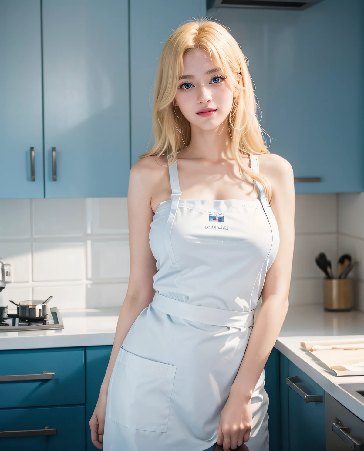 1girl, (Blue Eyes), smiling, (Sana Minatozaki), wide hips, Big Boobs, big ass, (Best Quality, 8k, Masterpiece: 1.3), Clear Focus: 1.2, Perfect Body Beauty: 1.4 , Slender Abs: 1.2, Highly detailed face and skin texture, detailed eyes, double eyelids, (blonde long hair), (white chef apron), sitting in table, in the kitchen