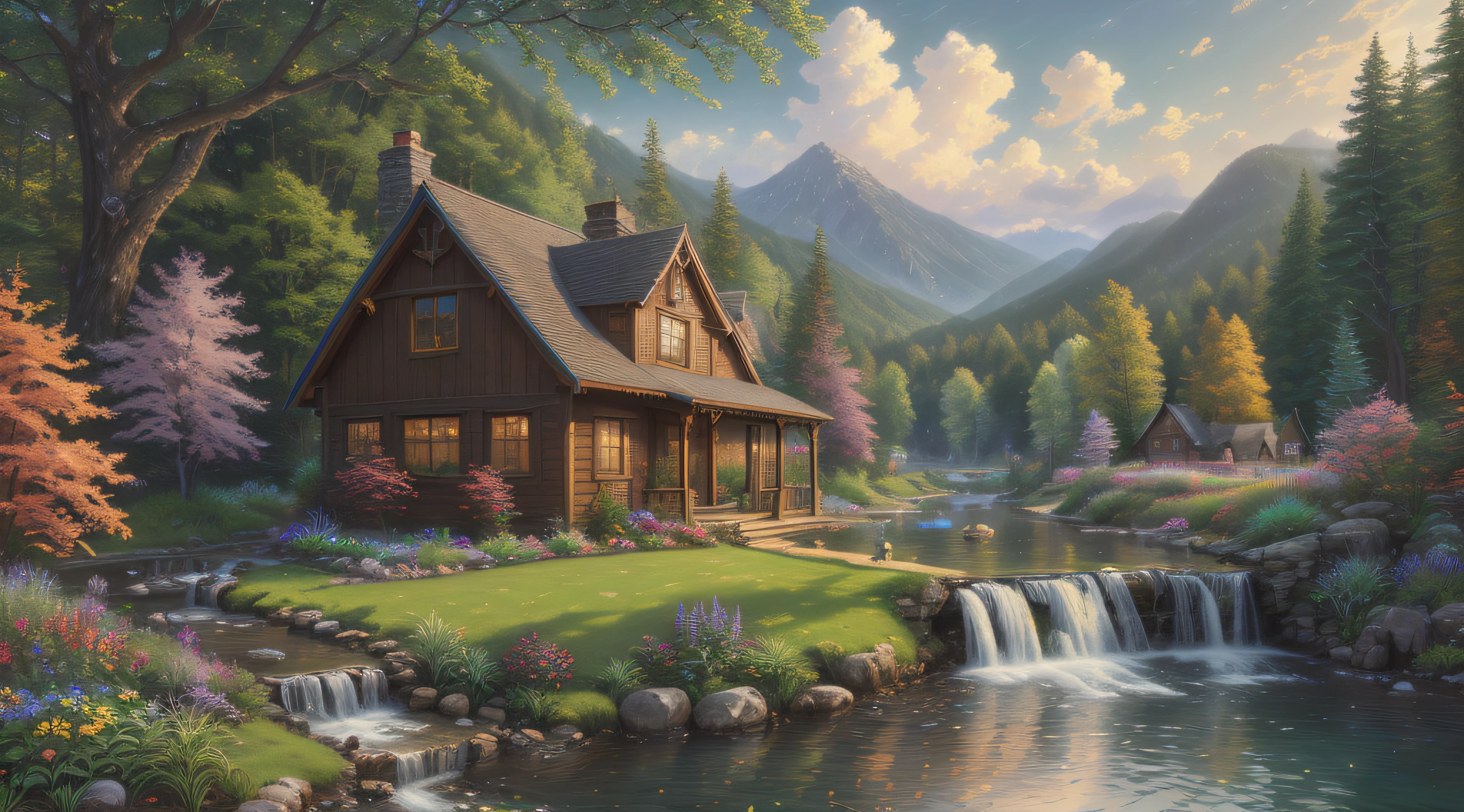 landscape, water, cottage, stream, (extremely detailed CG unity 8k wallpaper), most beautiful artwork in the world, professional majestic oil painting, intricate, High Detail, Sharp focus, dramatic, photorealistic painting art, style of Thomas Kinkade