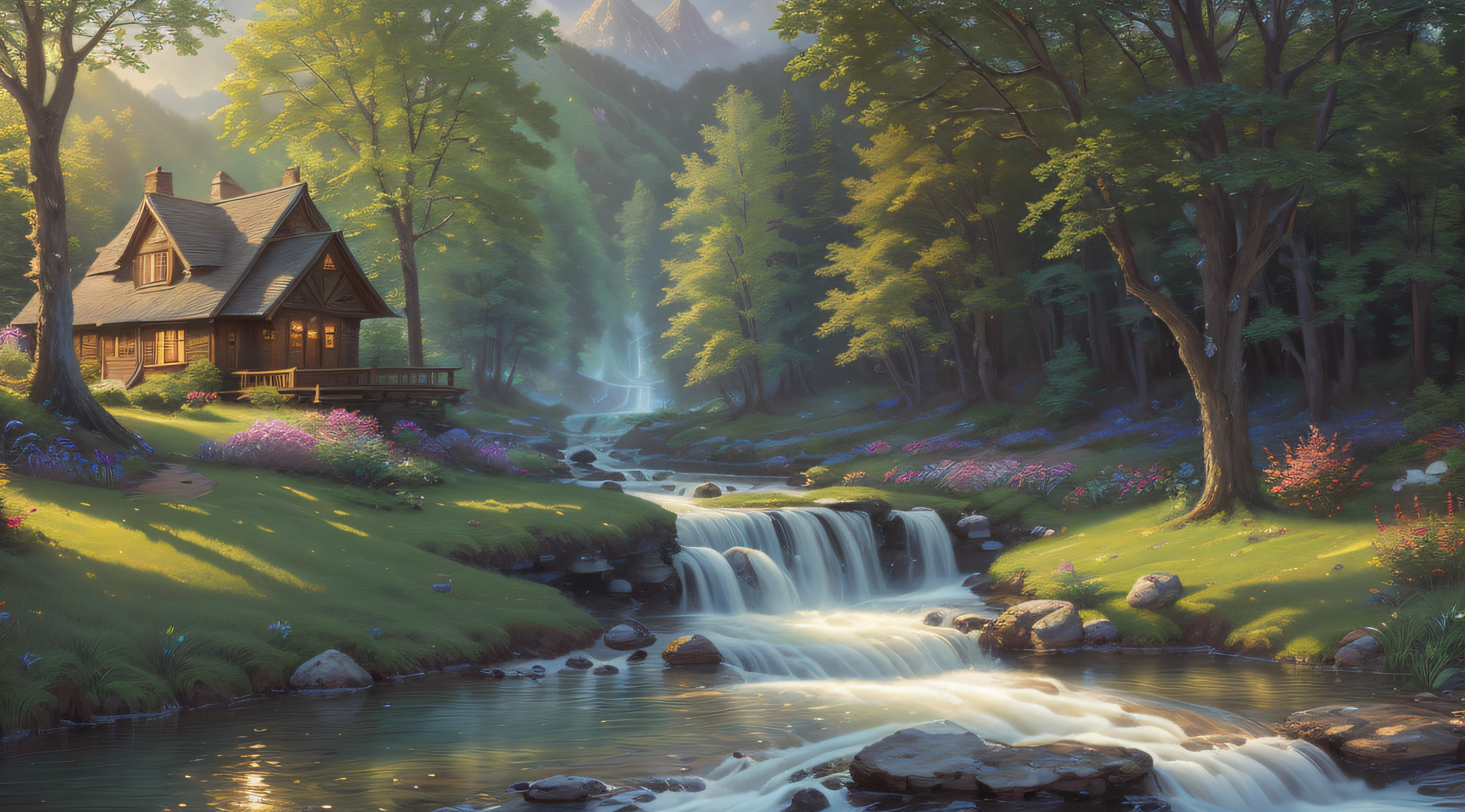 landscape, water, cottage, stream, (extremely detailed CG unity 8k wallpaper), most beautiful artwork in the world, professional majestic oil painting, intricate, High Detail, Sharp focus, dramatic, photorealistic painting art, style of Thomas Kinkade