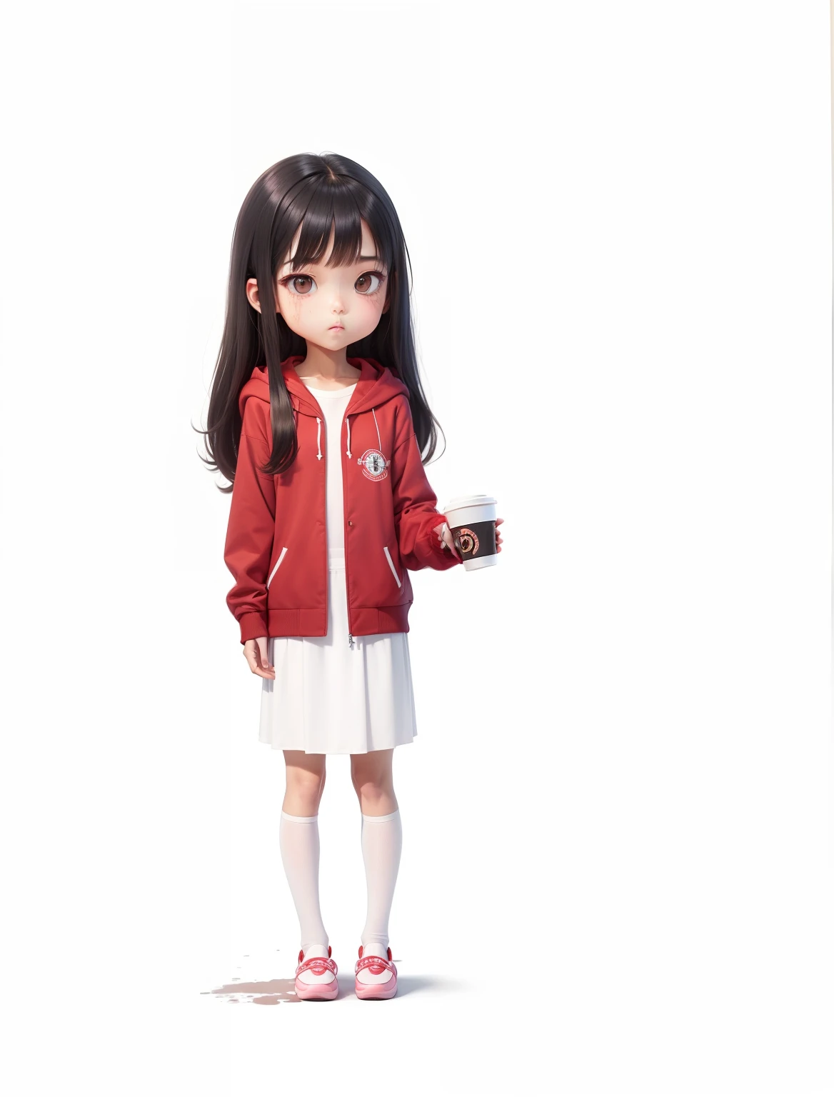 Teen girls,greys(Castanhos escuros)long whitr hair,Wear a short skirt,Wear a red jacket/hoody。Wear slippers,slightly messy hair。Hold the water cup in your left hand。White stockings are worn on the legs。