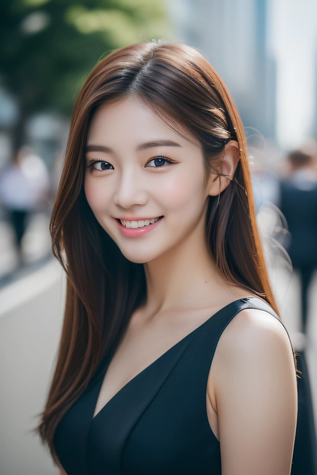 ((Best quality, 8k, Masterpiece :1.3)), 1girl, Heather Kim smiling, full body, slim face, Pretty woman, (Dark brown hair), full length dress :1.1, Ultra-detailed face, Detailed eyes, Double eyelid, blur background, slim face, city, outside, street, in business attire
