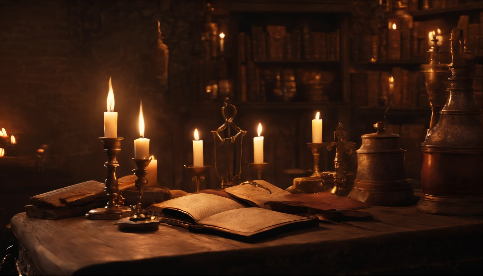 top-quality, masterpiece, ultra-detailliert, Alchemist's room, medieval times, natta, Lined utensils, Old Books, Candlelight, Magical, Suspicious atmosphere, dark ilumination