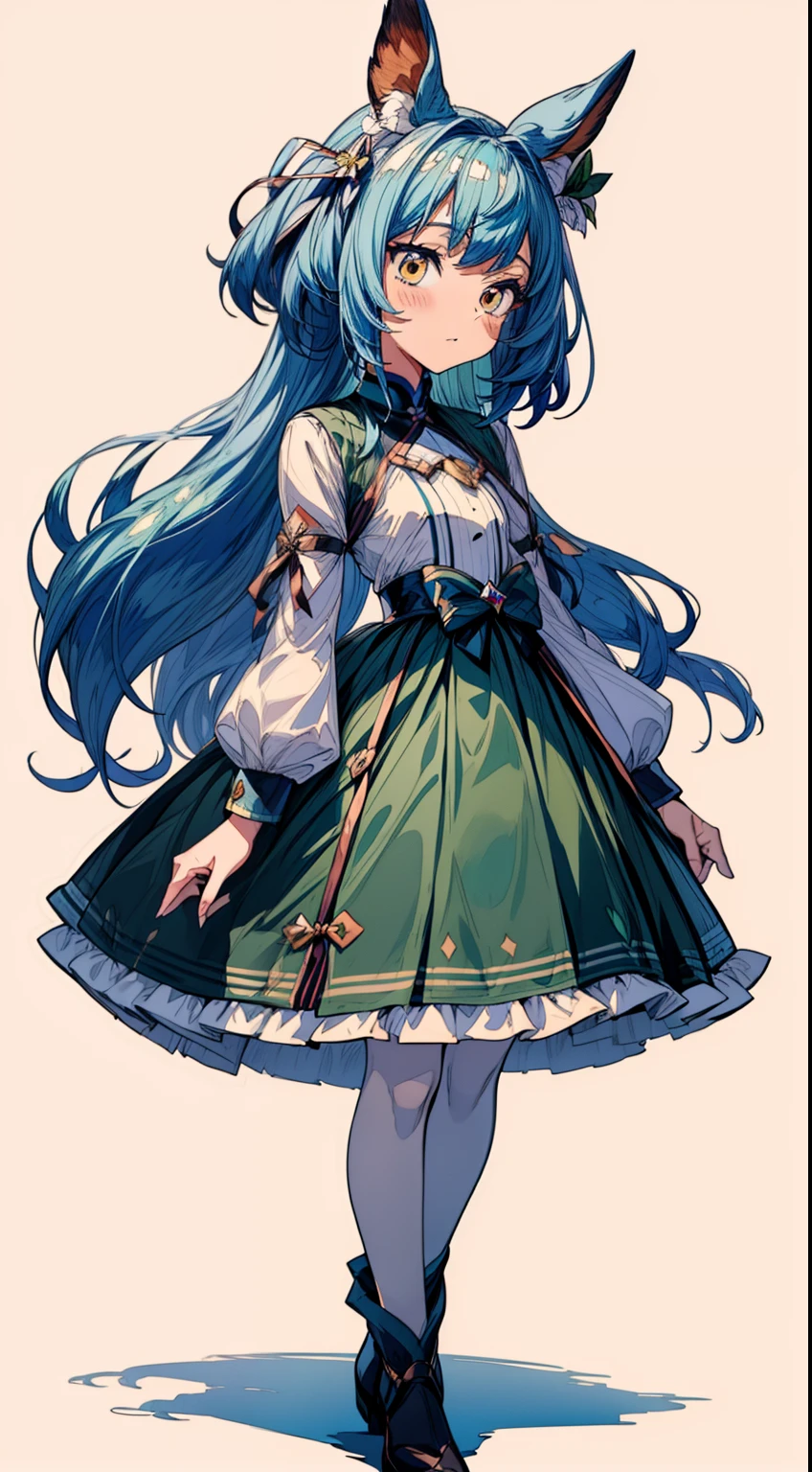 Best Quality,1girl in,((Uma Musume Full Body Illustration)),(simple background)、(From head to foot), Cute face,,darkblue hair、((Dark blue hair)),((Bangs between the eyes)),(Horse ears on the head),(Umamusume),((ite girl in)),(length hair),Silent eyes、Hydrangea hair ornament、(Classy green dress)、Princess、long-sleeve、frilld、a junens girl、small kid