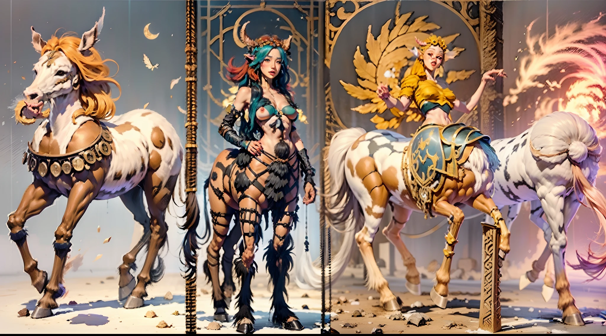 In the beautiful illustration of this super-grand scene，The ultra-long lens shows us（Over eight separate and unique centaur characters：9.9），They all have their own characteristics，Vivid and interesting。A radiant light falling from the sky（Angel centaurs：6.6），The nightmare is（Centaurs surrounded by flames：6.6）、Then dance in the air with the wind（Fairy centaurs：6.6）、There are also thunderbolts around（One-horned centaur：6.6），and shiny metal（Mechanical centaurs：6.6）、And then（A centaur covered with colorful dragon scales：6.6）Powerful、Elegant and agile（Elf centaur's slenderness：6.6）Elegantly put on a flower crown、Enchanting and charming（Tiflin centaurs：6.6）、There are indescribable（Raised sexy：6.6）'s（Succubus centaurs：6.6）。Each character has their own unique charms and abilities。Illustration uses advanced artistic techniques and tools，（Divide the scene into sections by geometric arrangement：9.9），Each section corresponds to a centaur character，This allows for more efficient use of space。Pass the advanced brush tool halfway、Color Palette、Material packages and model packages、Texture tools，For every centaur, Beautiful props are designed to increase racial characteristics、Clothing and physical characteristics，（Enhance the character's personality and visual appeal：2.5），The scenery in the illustration is stunning，The sky is changing、rainbowing、extreme light、Stars and Moon。Incorporate iconic landmarks like Mount Everest，and fireworks、Tranquil lake、Natural and urban elements of waves and neon lights，creating a magical atmosphere，Centaurs showcase their unique abilities and equipment in a variety of environments，This is true even in extreme alien landscapes。（Use tools halfway、Material pack、Texture tools、The color palette makes the depiction details vivid and realistic：9.9），From complex hairstyles and different ethnic characteristics、Body、Appearance characteristics、Clothing to real textures，This greatly enhances the realism of the characters and surroundings，The fusion of multiple ar