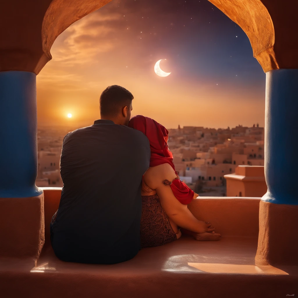 hyper realistic photo, ultra detailed photograph of a beautiful Moroccan rooftop, (one young thin man and one curvy BBW woman from behind), face hidden, towards view, praying together, male and female, photorealistic, (riad rooftop), (Amazigh pillows), (Marrakech view), colorful sunset, stunning moon, shimmering stars, iridescent, hyperrealism, moroccan lamps, Ultra photoreal, Intricate details, Ultra detailed, photorealistic, great high details, hyper real photo, 8k, extreme quality, (gorgeous roses), exotic, glimmering lights, magical, romantic, wishing, sexy, brunette