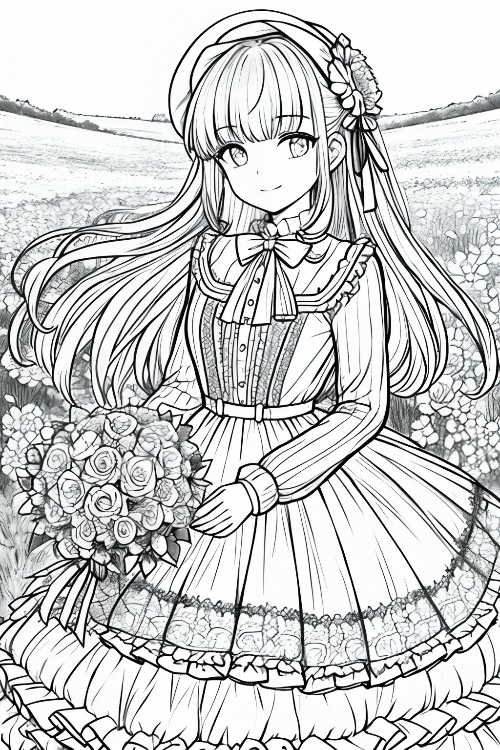 masterpiece, best quality, 1girl, solo, long_hair, looking_at_viewer, smile, bangs, skirt, shirt, long_sleeves, hat, dress, bow, holding, closed_mouth, flower, frills, hair_flower, petals, bouquet, holding_flower, center_frills, bonnet, holding_bouquet, flower field, flower field, lineart, monochrome,