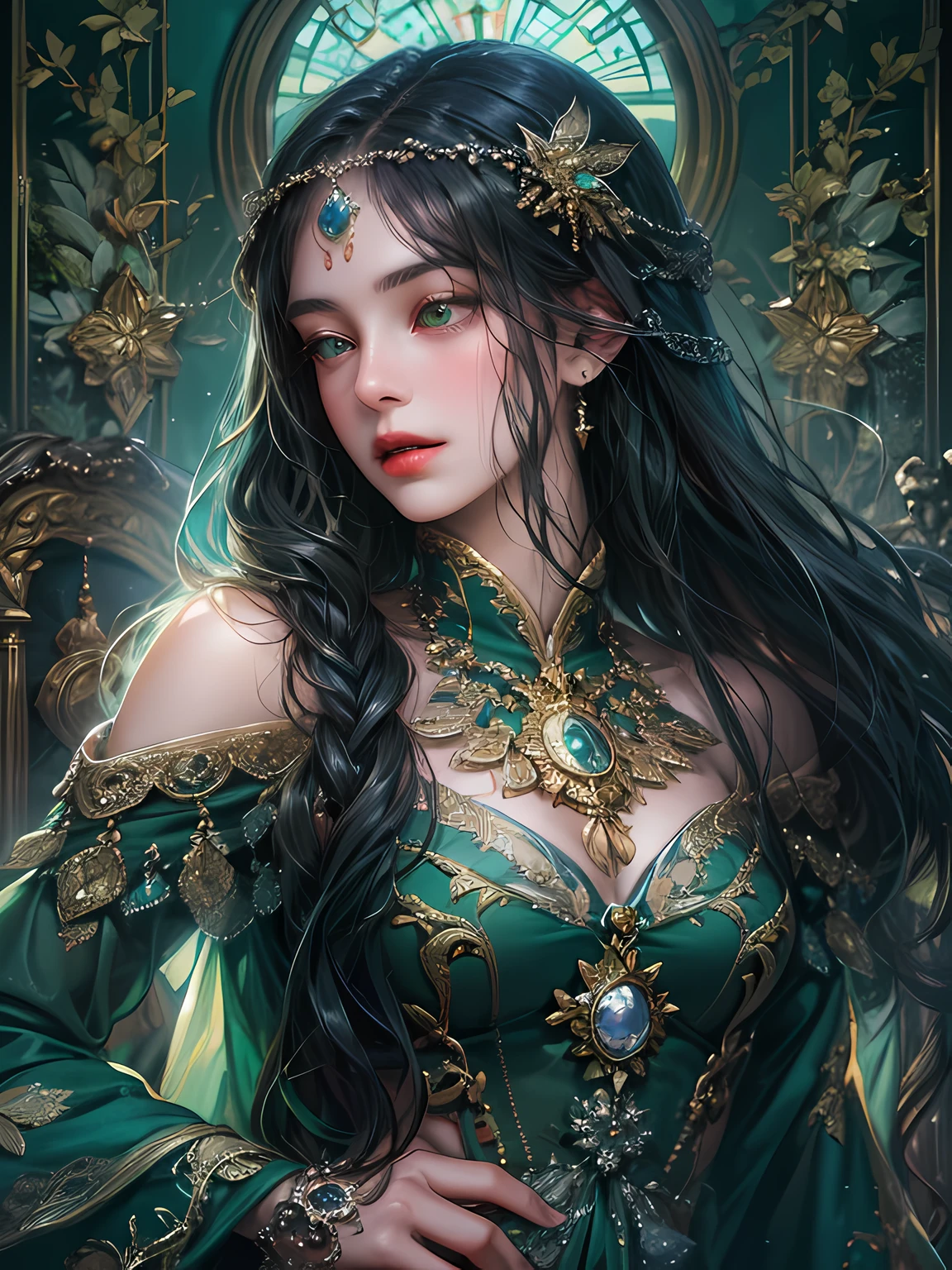 (absurdres, highres, ultra detailed, HDR), masterpiece, best quality, a mature heroine, detailed face, beautiful face with decorative detailed (long sleek black hair with flat bangs) (green eyes), green details , black touch and green little outline,with blue magic mirror inside celestial palace, detailed character, detailed celestial place of goddess, laplace, detailed backdrop