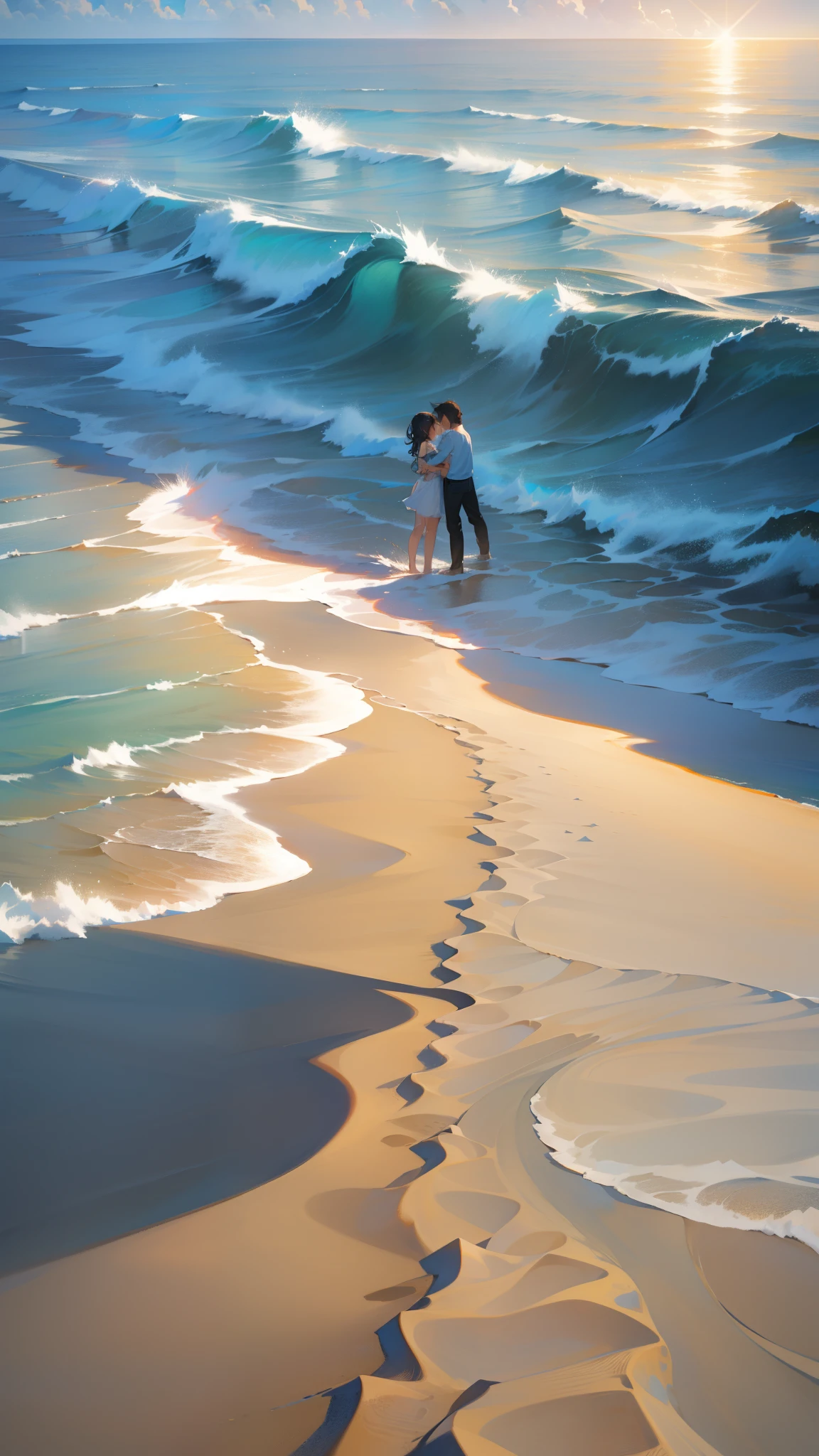 ((Masterpiece,Best quality,modern)), Screen description：
On a wide beach，Fine sand covers the entire view。Sunlight shines through the clouds，Illuminates the entire coastline。The waves gently lapping against the shore，Make a pleasant sound。A couple holding hands，Footprints left on the beach。They stand on the edge of the waves，Overlooking the boundless sea。In the distance, the sky and the ocean mingle，A piece of turquoise blue。The two hugged each other tightly，It's as if you can't leave this beautiful place for a moment。

Picture descriptors：
spacious、sea beach、sand、rays of sunshine、shoreline、swell sea、voice、couple、Hand in hand、footprints、sandbeach、view from long distance、the sea、Skysky、granblue、Hugged、Beautiful place。