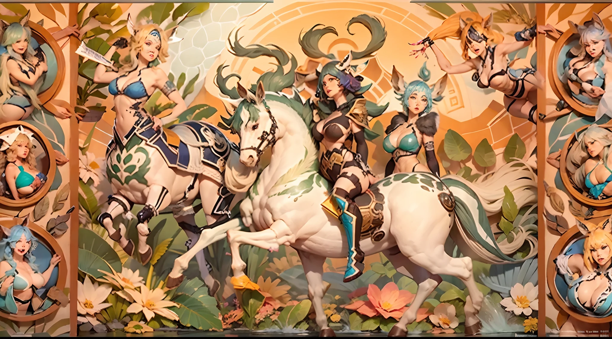 In the beautiful illustration of this super-grand scene，The ultra-distant lens shows us（Over eight separate and distinctive centaur characters：9.9），They all have their own characteristics，Vivid and interesting。Radiant from the heavens（Angelic centaurs：6.6），To nightmarish is（Centaurs surrounded by flames：6.6）、And then to the wind dancing in the air（Fairy centaurs：6.6）、And thunder and lightning surrounding（One-horned centaur：6.6），and shining metallic ones（Mechanical style centaur：6.6）、And then（A centaur with colorful dragon scales covering the whole body：6.6）The power is powerful、Elegant and agile（Elf centaur's slenderness：6.6）Gracefully wears a flower crown、Enchanting and charming（Tiflin centaurs：6.6）、Have the indescribable（Raised sexy：6.6）'s（Succubus centaurs：6.6）。Each character has their own unique charms and abilities。The illustration uses advanced artistic techniques and tools，（Divide the scene into sections by geometric arrangement：9.9），Each section corresponds to a centaur character，This makes more efficient use of space。Through Midjourney's advanced brush tools、Color palette、Material packs and model packs、Texture tools，For each centaur, beautiful props are designed to increase racial characteristics、Clothing and physical features，（Enhances the character's personality and visual appeal：2.5），The scenery in the illustrations is stunning，There are changing skies、rainbowing、extreme light、Stars and Moon。Incorporating iconic landmarks such as Mount Everest，and fireworks、tranquil lake、Natural and urban elements of waves and neon lights，Creates a magical atmosphere，The centaurs display their unique abilities and equipment in a variety of environments，This is true even in extreme alien landscapes。（Use Midjourney's tools、Material packs、Texture tools、The color palette makes depicting details vivid and realistic：9.9），From complex hairstyles and as well as different racial traits、Body、Appearance features、Clothing to real textures，This greatly enhances the realism of the cha