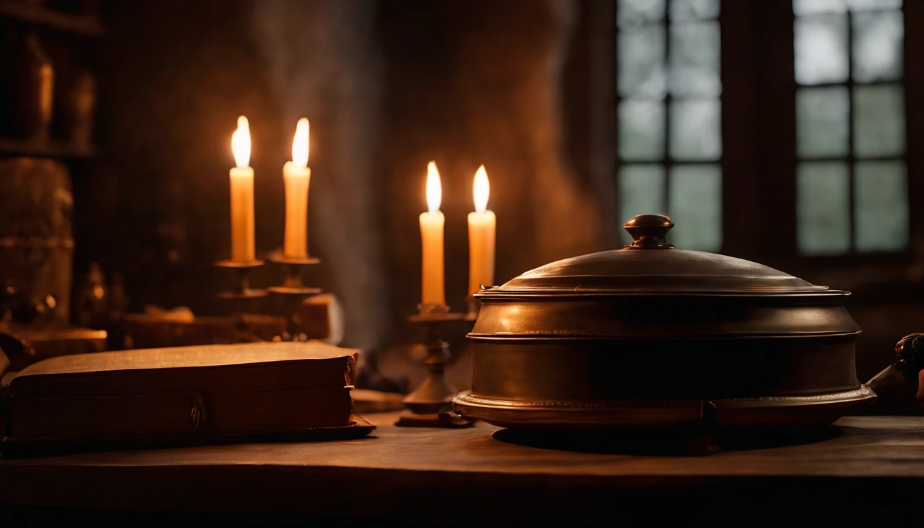 top-quality, masterpiece, ultra-detailliert, Alchemist's room, medieval times, natta, Lined cookware, old book, Candlelight, Magical, Suspicious atmosphere, dark ilumination