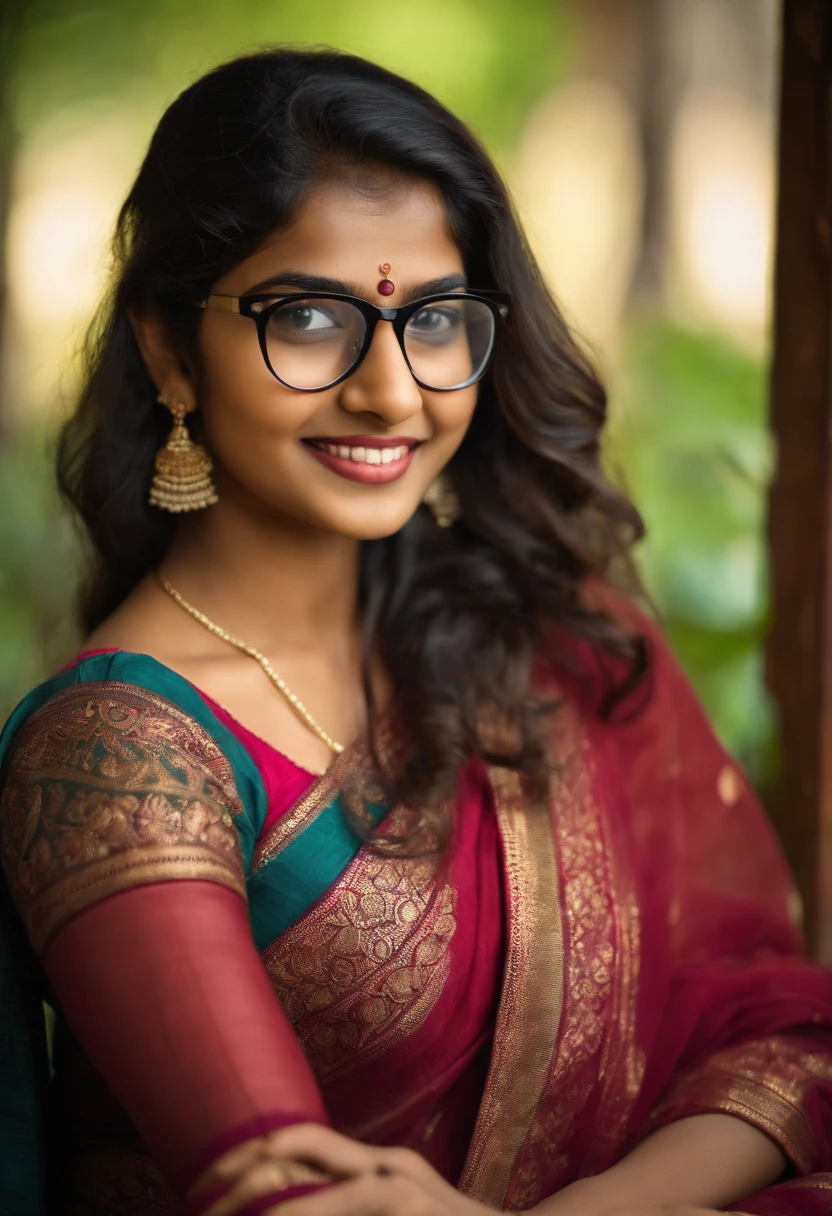 18 year old india girl in saree, with nerd glasses, coy smile, mysterious, 32k, ultra realistic, well lit, 50 mm lens camera photo quality