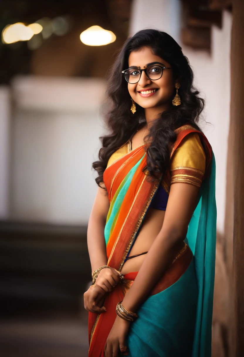 18 year old india girl in saree, with nerd glasses, coy smile, mysterious, 32k, ultra realistic, well lit, 50 mm lens camera photo quality