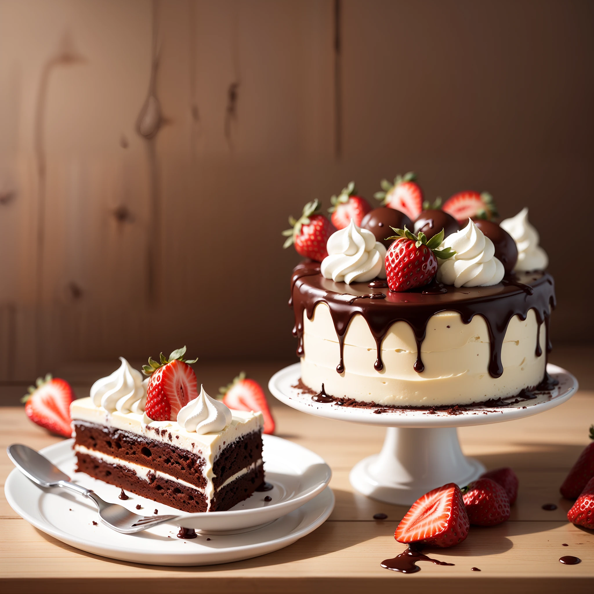 Chocolate cake on a white dish. Strawberries with cream on top of the cake.Coated with chocolate. --auto --s2