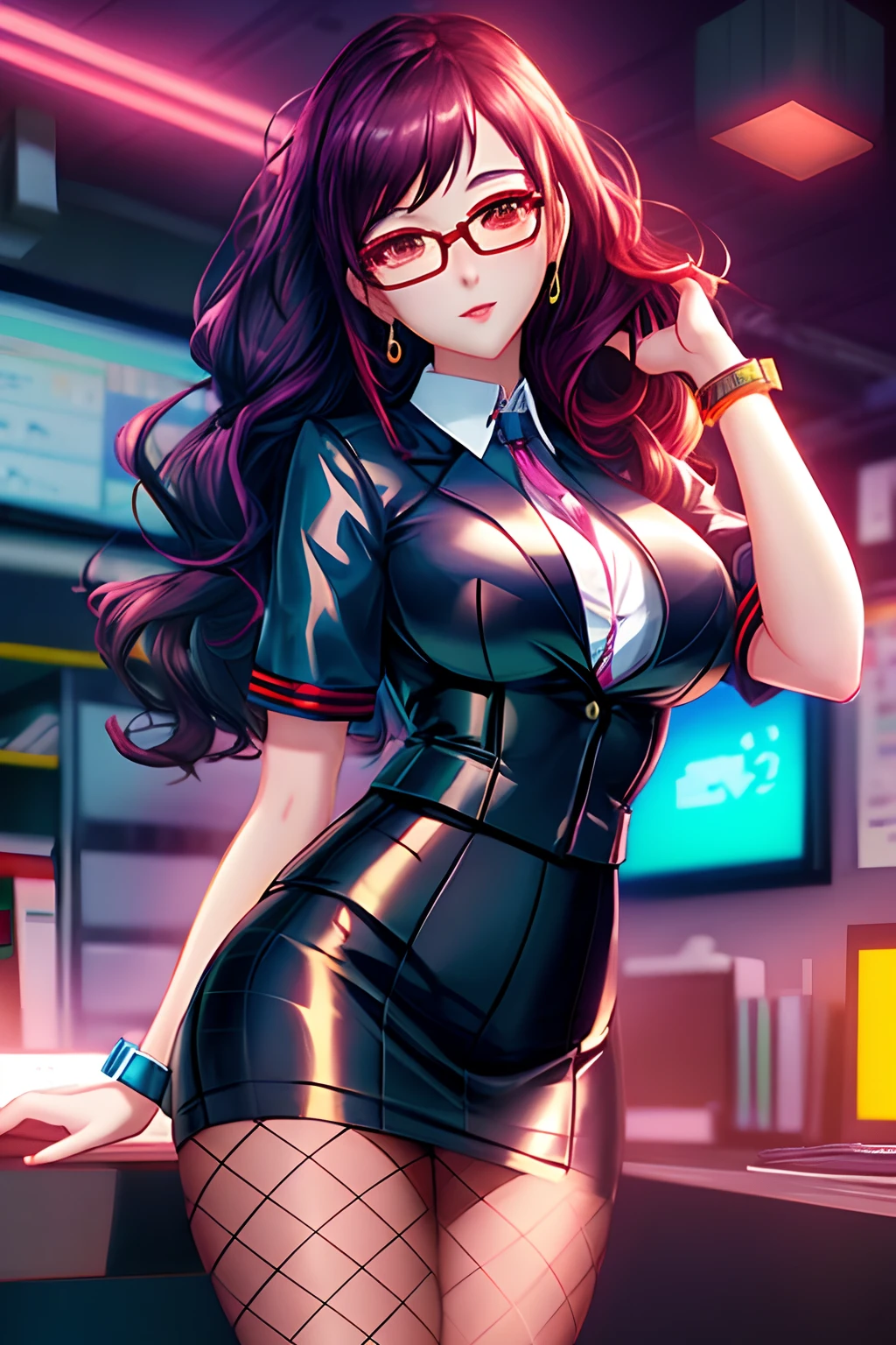 office worker, secretary, Fishnets, glasses, office attire, Art not Guweiz style, garota anime cyberpunk, Rossdraw, pencil skirt,