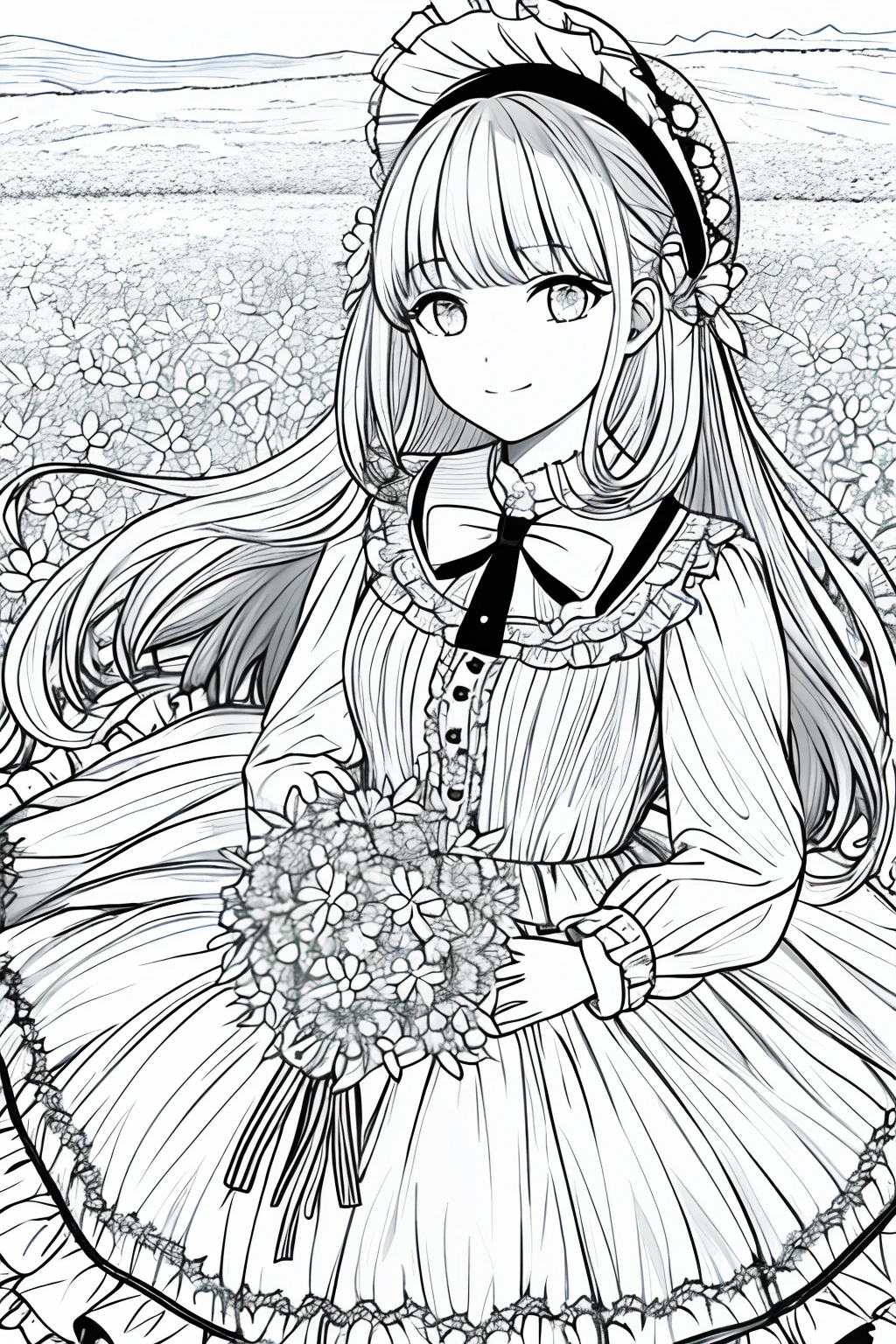 masterpiece, best quality, 1girl, solo, long_hair, looking_at_viewer, smile, bangs, skirt, shirt, long_sleeves, hat, dress, bow, holding, closed_mouth, flower, frills, hair_flower, petals, bouquet, holding_flower, center_frills, bonnet, holding_bouquet, flower field, flower field, lineart, monochrome,