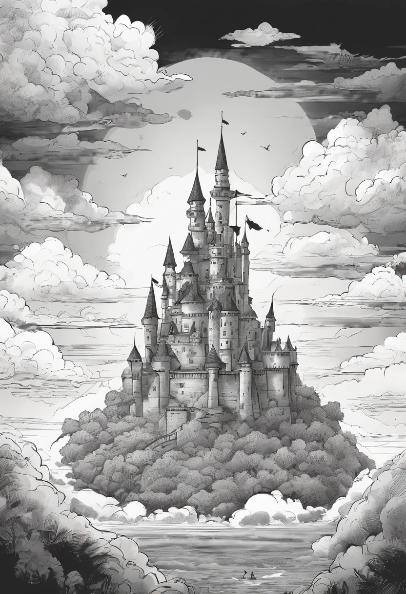 Castle above the clouds、black-and-white