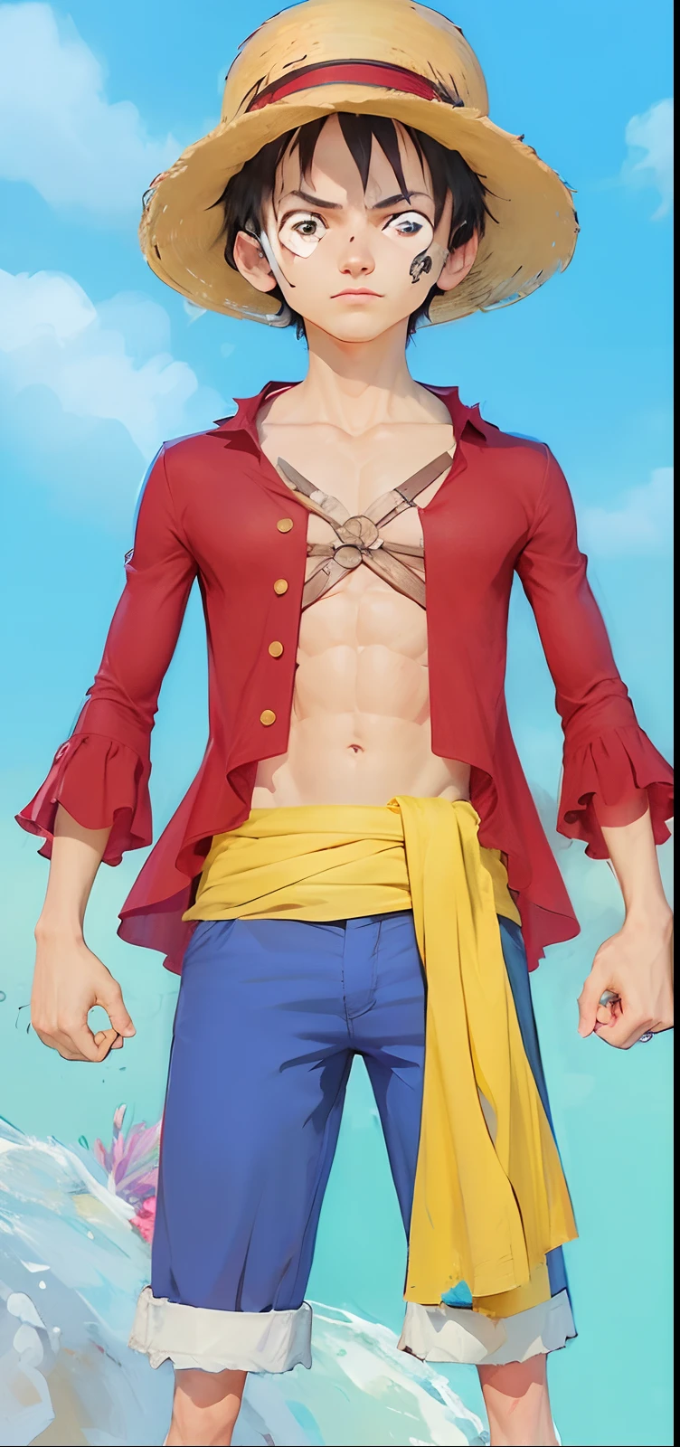 Best quality, masterpiece, ultra high res, (photorealistic:1.4) a (male:1.4), (caucasian:1.4),  detailed skin, detailed eyes, shiny skin, Monkey D Luffy, detailed fullbody, detailed outfit, detailed face