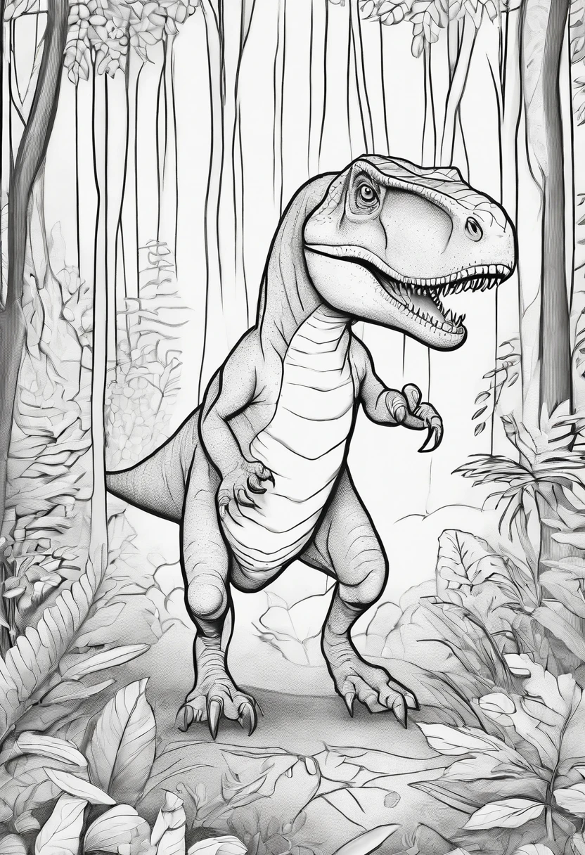 Coloring page for kids, cute t-rex in the forest --no colors
