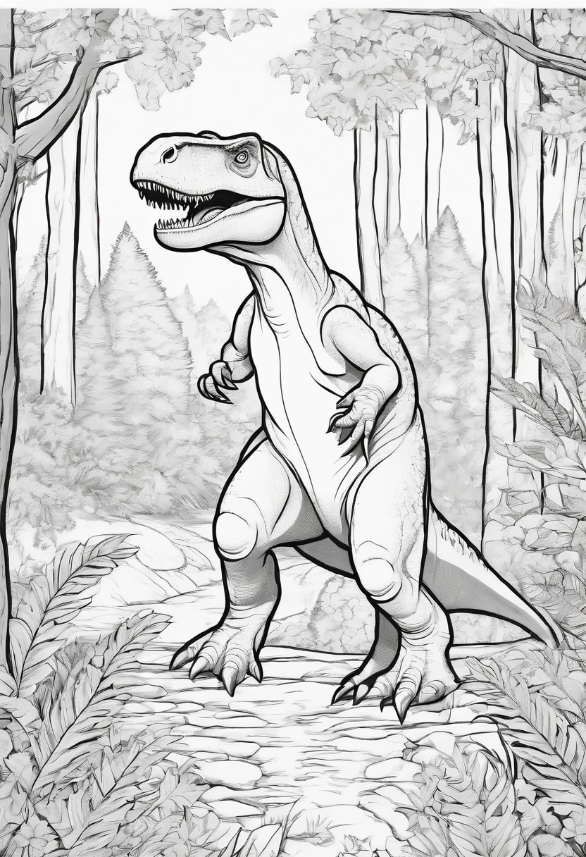 Coloring page for kids, cute t-rex in the forest --no colors