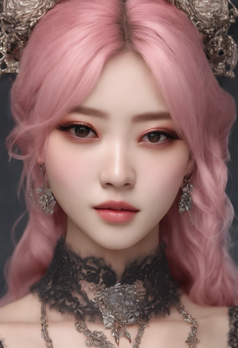 A beautiful Korean girl，Long pink hair，Tattooed with，full bodyesbian，Wearing a collar，Wear a black lace bra，Wear black lace panties，Wear stiletto heels，Wear black pantyhose，Bad girl，s the perfect face，Put on light makeup，Wear a ruby ring，Cool and funky style，On the dance floor，Ultra photo realsisim，8K