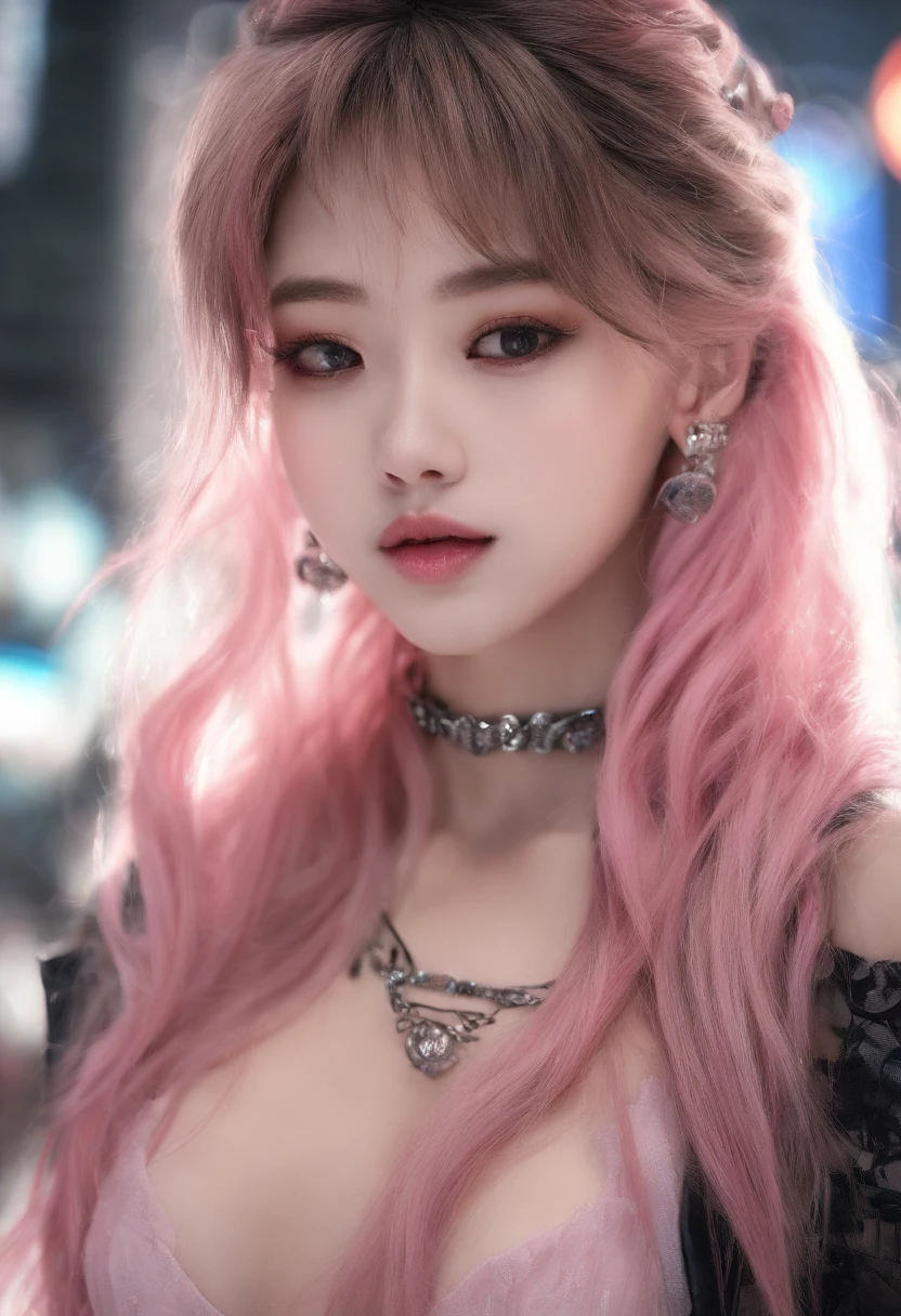A beautiful Korean girl,Long pink hair,Tattooed with,full bodyesbian,Wearing a collar,Wear a black lace bra,Wear black lace panties,Wear stiletto heels,Wear black pantyhose,Bad girl,s the perfect face,Put on light makeup,Wear a ruby ring,Cool and funky style,On the dance floor,Ultra photo realsisim,8K