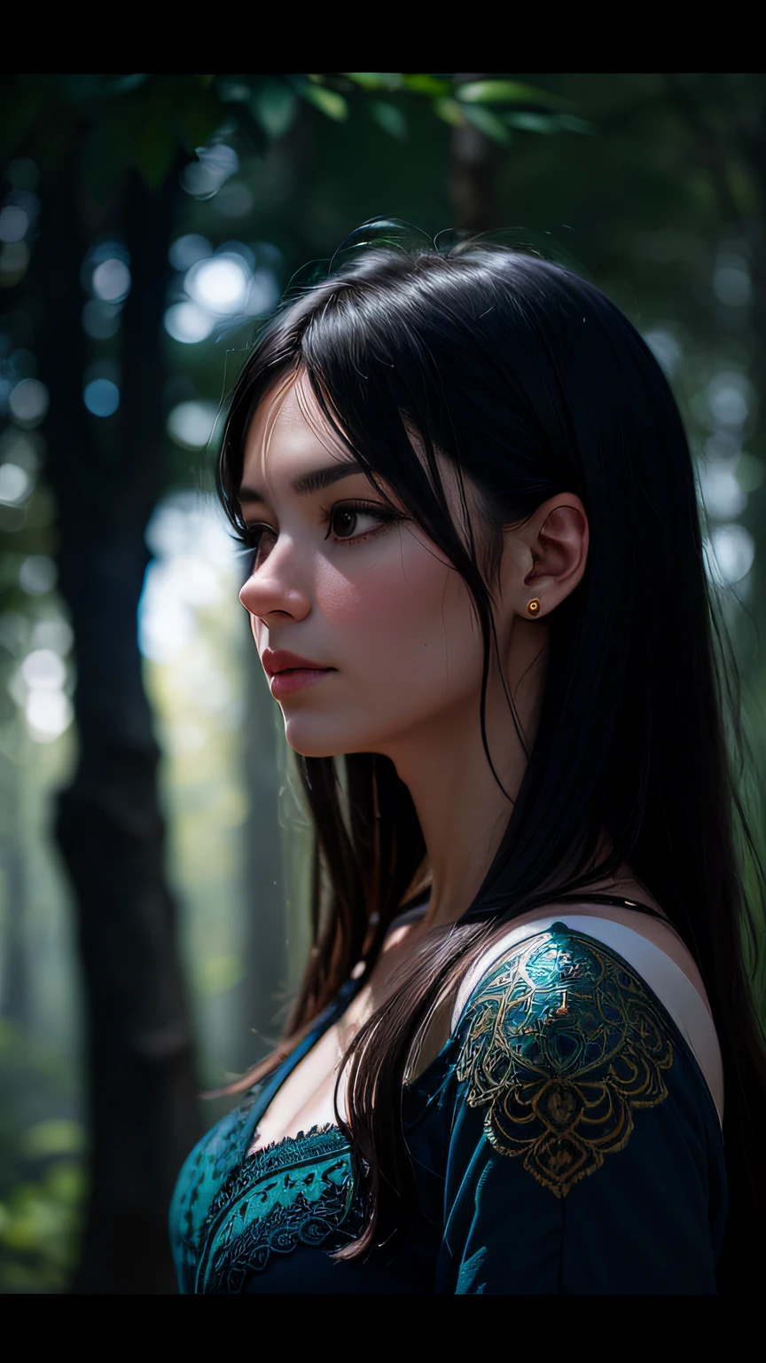 epic realistic, (dark shot:1.4), 80mm, Create a portrait of a woman with long, dark hair. She has a mysterious expression, gazing at the viewer with a slight tilt of her head. She is simply dressed, with an arm wrapped around a tree branch that also resembles a brain cell. The background features a forest of blue, impressionistic leaves, with an eerie white light shining through and a gradient shadow on the top part of the woman's face. Use a backlighting effect to add depth to the image. impressionistic painting style, john singer sarget, anders zorn, blue pallette, wider show with more background and forest, (natural skin texture, hyperrealism, soft light, sharp:1.2), soft light, sharp, exposure blend, medium shot, bokeh, (hdr:1.4), high contrast, (cinematic, teal and orange:0.85), (muted colors, dim colors, soothing tones:1.3), low saturation, (hyperdetailed:1.2), (noir:0.4), (intricate details:1.12), hdr, (intricate details, hyperdetailed:1.15), faded, (neutral colors:1.2), art, (hdr:1.5), (muted colors:1.1), (pastel:0.2), hyperdetailed, (artstation:1.4), warm lights, dramatic light, (intricate details:1.2), vignette, complex background, rutkowski,
