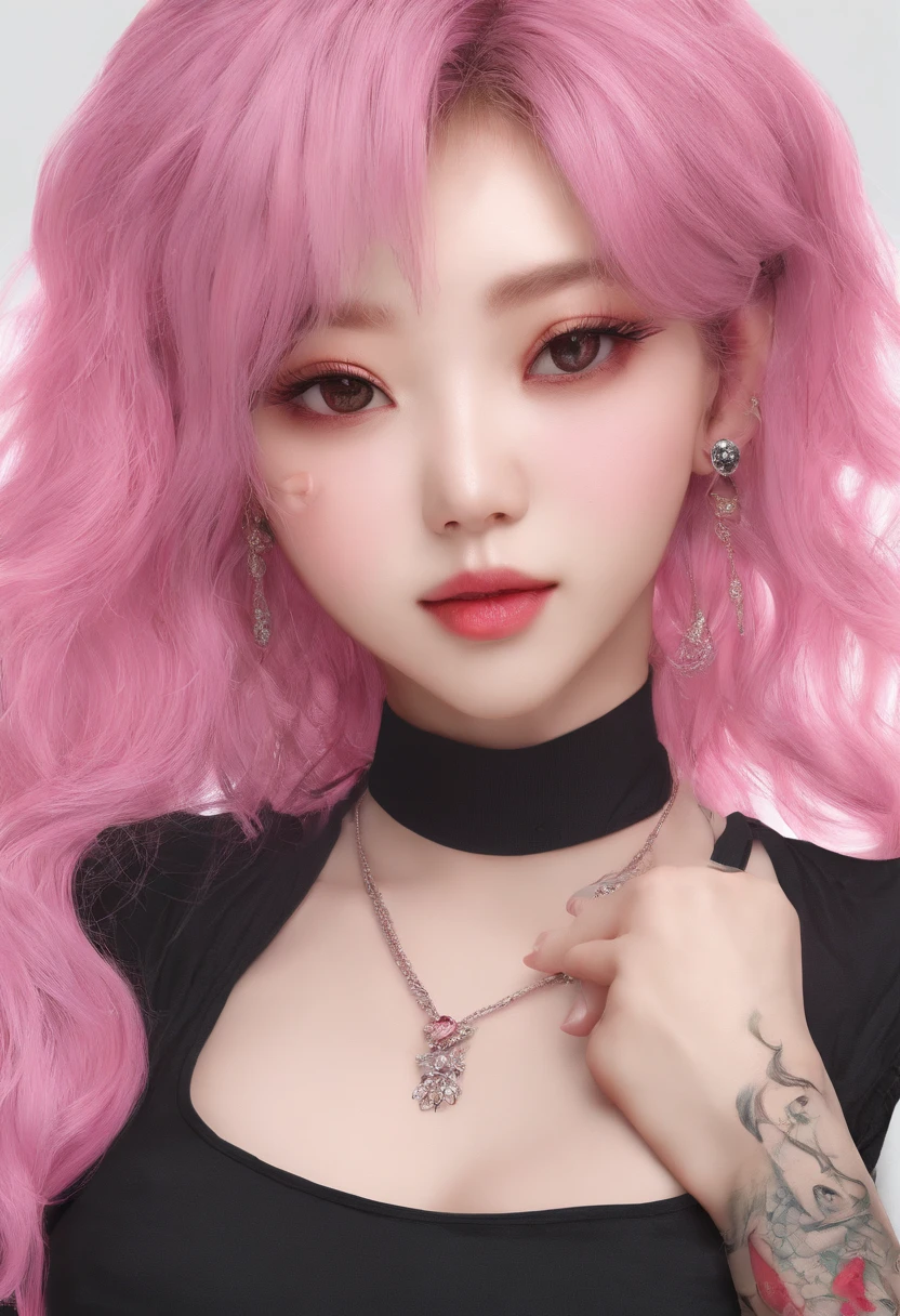 A beautiful Korean girl,Long pink hair,Tattooed with,full bodyesbian,Wearing a collar,Wear a black lace bra,Wear black lace panties,Wear stiletto heels,Wear black pantyhose,Bad girl,s the perfect face,Put on light makeup,Wear a ruby ring,Cool and funky style,On the dance floor,Ultra photo realsisim,8K