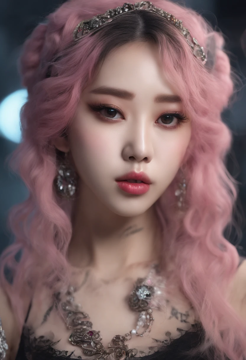 A beautiful Korean girl,Long pink hair,Tattooed with,full bodyesbian,Wearing a collar,Wear a black lace bra,Wear black lace panties,Wear stiletto heels,Wear black pantyhose,Bad girl,s the perfect face,Put on light makeup,Wear a ruby ring,Cool and funky style,On the dance floor,Ultra photo realsisim,8K