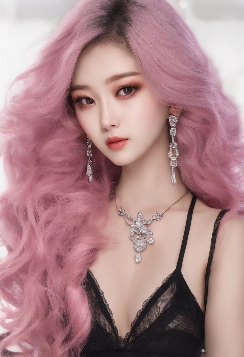 A beautiful Korean girl,Long pink hair,Tattooed with,full bodyesbian,Wearing a collar,Wear a black lace bra,Wear black lace panties,Wear stiletto heels,Wear black pantyhose,Bad girl,s the perfect face,Put on light makeup,Wear a ruby ring,Cool and funky style,On the dance floor,Ultra photo realsisim,8K