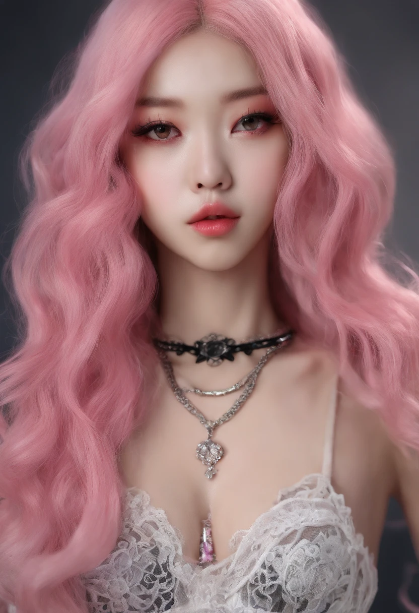 A beautiful Korean girl,Long pink hair,Tattooed with,full bodyesbian,Wearing a collar,Wear a black lace bra,Wear black lace panties,Wear stiletto heels,Wear black pantyhose,Bad girl,s the perfect face,Put on light makeup,Wear a ruby ring,Cool and funky style,On the dance floor,Ultra photo realsisim,8K
