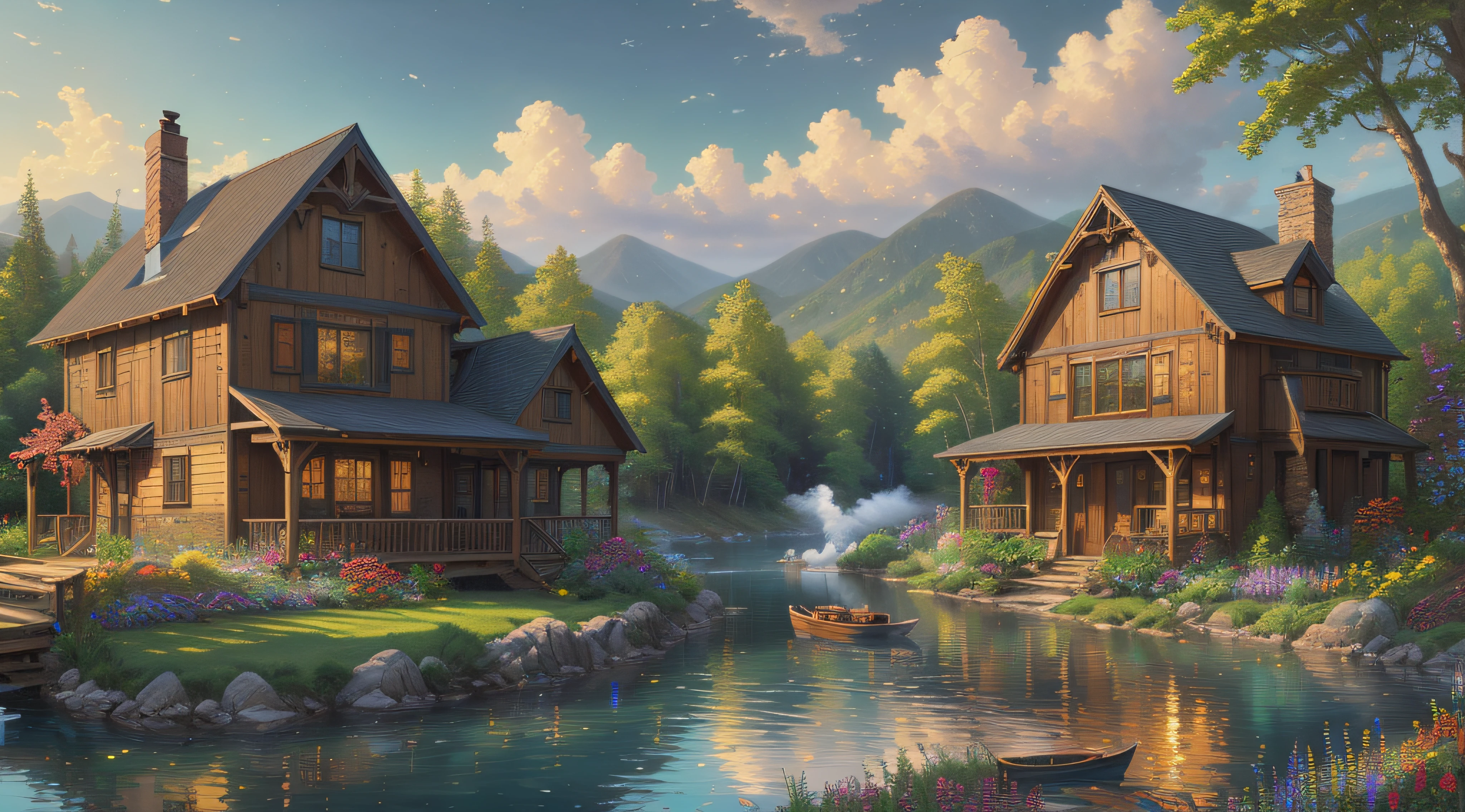 landscape, water, cottage, smoke, boat in the water, flowers ,stream, color full (extremely detailed CG unity 8k wallpaper), most beautiful artwork in the world, professional majestic oil painting, intricate, High Detail, Sharp focus, dramatic, photorealistic painting art, style of Thomas Kinkade
