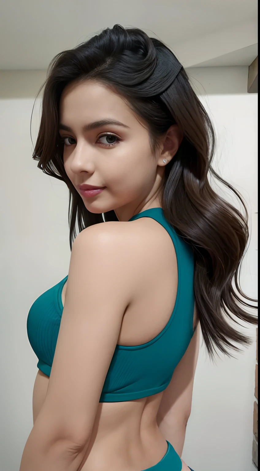 (Obra maestra, La mejor calidad), beautiful woman, Parte superior detallada de cuello alto sin mangas, pants, collar, cabello ondulado, Cara perfecta, Cara hermosa, seductor, Grandes ojos hermosos, boca abierta, feliz, Cuerpo Perfect Slim Fit, (al aire libre), Calles de la ciudad, mexico, colores brillantes