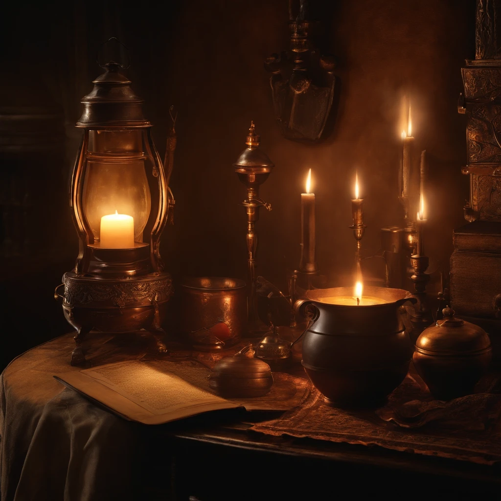 top-quality, masterpiece, ultra-detailliert, Alchemist's room, medieval times, natta, Lined cookware, old book, Candlelight, Magical, Suspicious atmosphere, dark ilumination