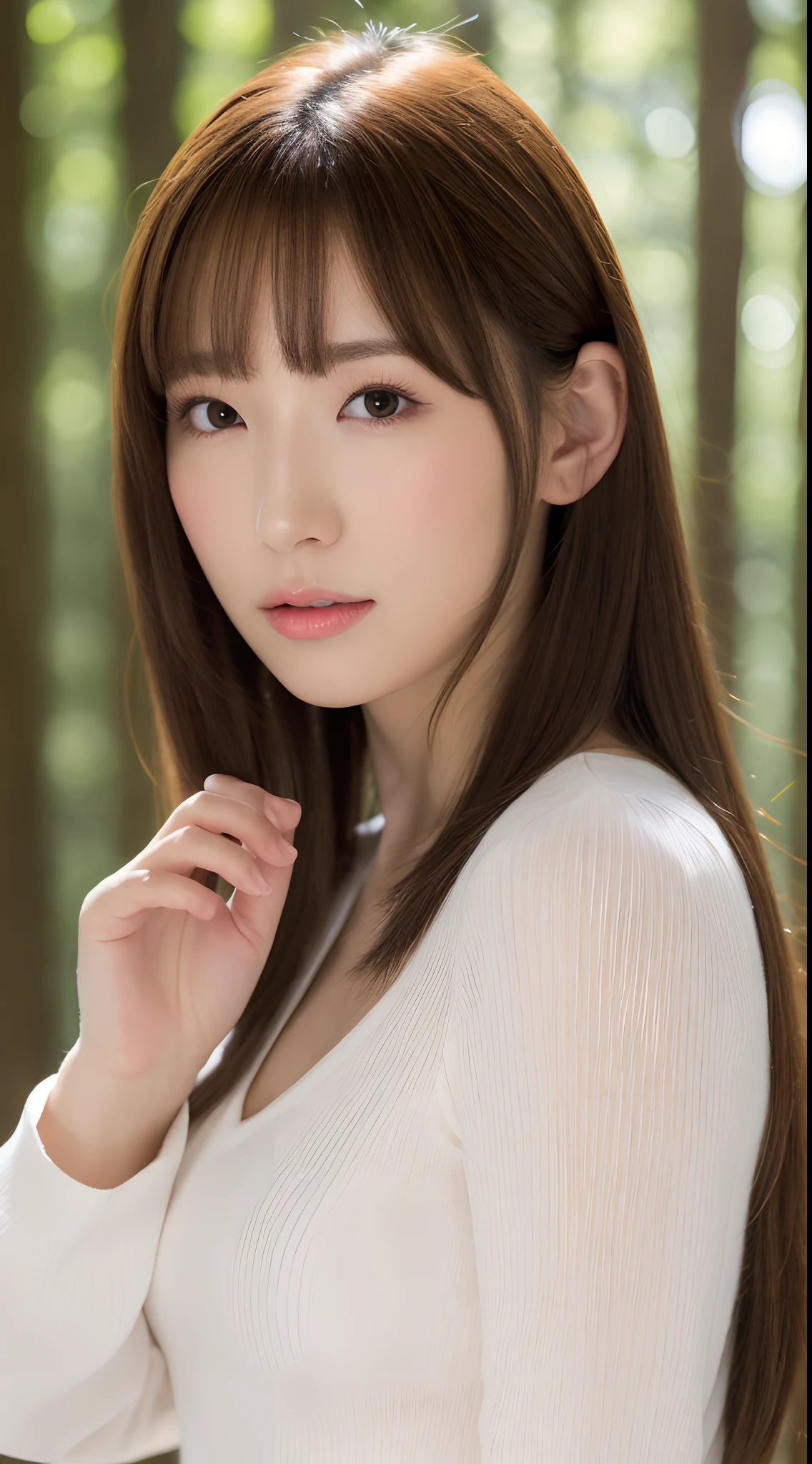 1womanl, up of face, mideum breasts, light brown hair, Blunt bangs, hair behind ear, hair over shoulder, Long hair, slender body shape, Ultra Fine Face, Thin face, Delicate lips, Beautiful eyes, thin blush, eyes are light brown, perfect glossy skin, flawless skin, Glistening sweat,View here, Ultra-thin hands, Ultra-fine fingers, best ratio four finger and one thumb, (realisitic:1.3), Finger Extensions, See-through white blouse. coniferous forest, One-person viewpoint, Fuji Film, F/1.2, 8K, masutepiece, nffsw, Super Detail, High quality, Best Quality, hight resolution,abdominals,six packs,