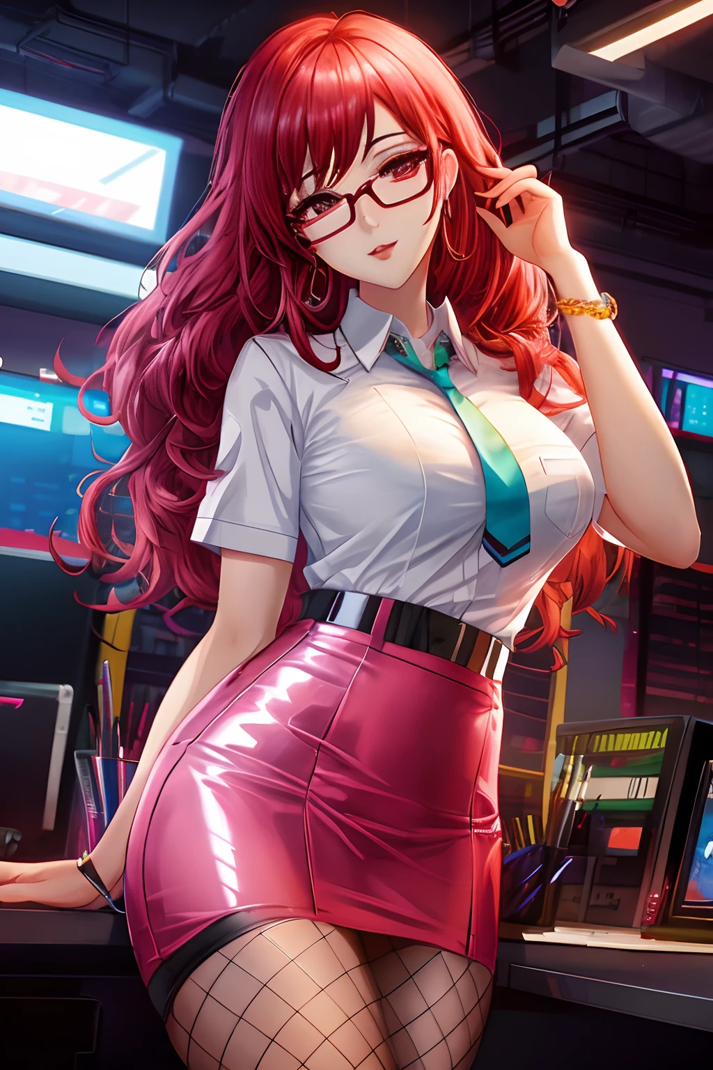 office worker, secretary, Fishnets, glasses, office attire, Art not Guweiz style, garota anime cyberpunk, Rossdraw, pencil skirt,