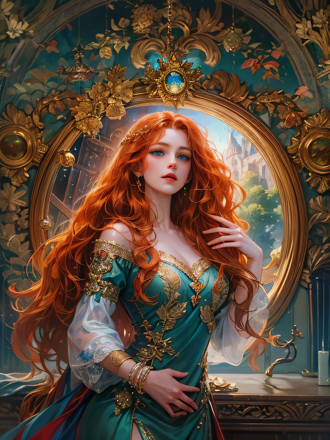 (absurdres, highres, ultra detailed, HDR), masterpiece, best quality, a mature heroine, detailed face, beautiful face with decorative detailed (long redhead wavy hair) (blue eyes), green details , white touch and red little outline,with red magic mirror inside celestial palace, detailed character, detailed celestial place of goddess, laplace, detailed backdrop