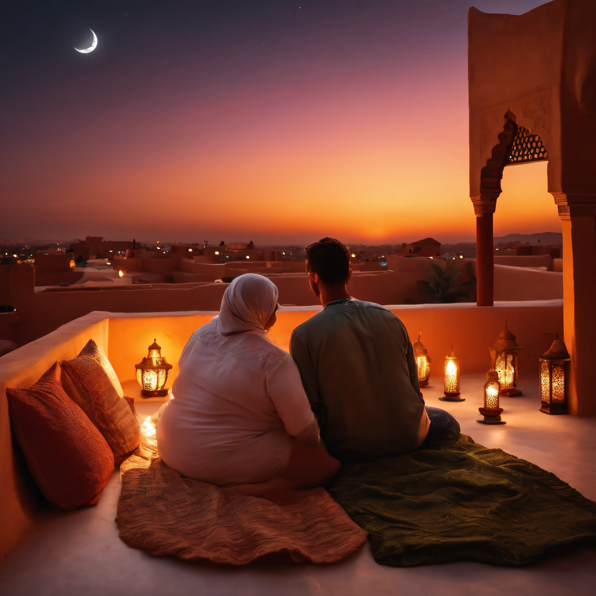 hyper realistic photo, ultra detailed photograph of a beautiful Moroccan rooftop, (one young thin man and one curvy BBW woman from behind), face hidden, towards view, praying together, male and female, photorealistic, (riad rooftop), (Amazigh pillows), (Marrakech view), colorful sunset, stunning moon, shimmering stars, iridescent, hyperrealism, moroccan lamps, Ultra photoreal, Intricate details, Ultra detailed, photorealistic, great high details, hyper real photo, 8k, extreme quality, (gorgeous roses), exotic, glimmering lights, magical, romantic, wishing, sexy, brunette