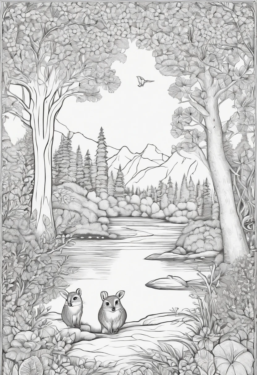 Coloring page, whimsical trees, woodland creatures, and enchanting landscape --no colors