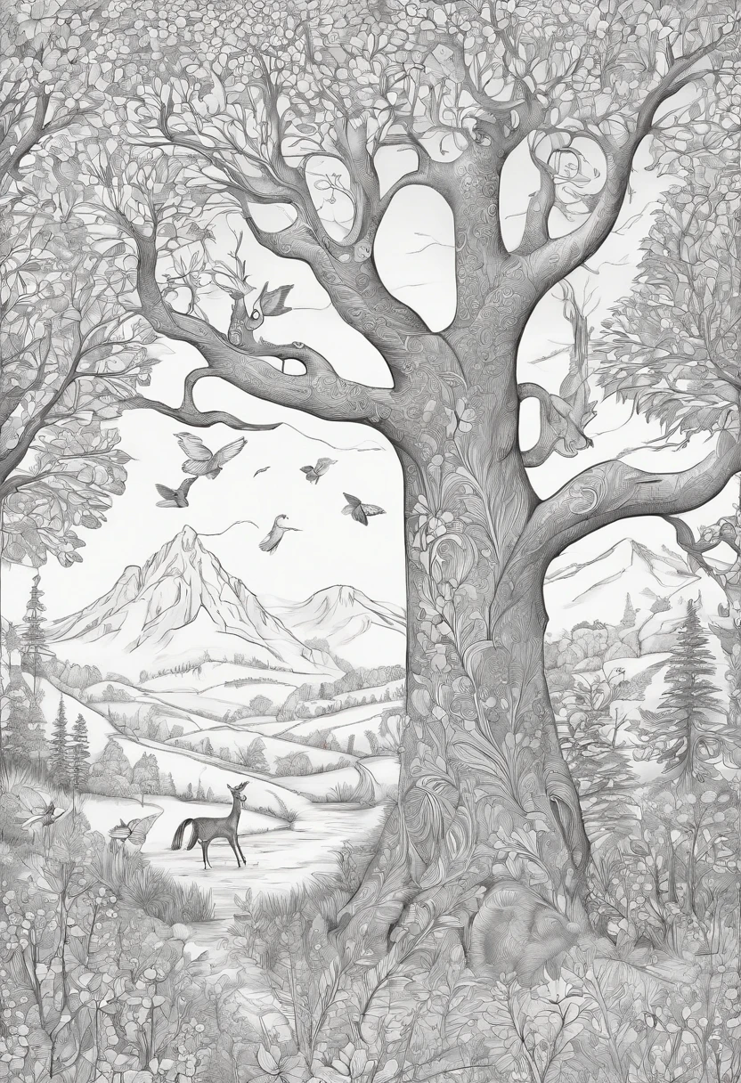 Coloring page, whimsical trees, woodland creatures, and enchanting landscape --no colors