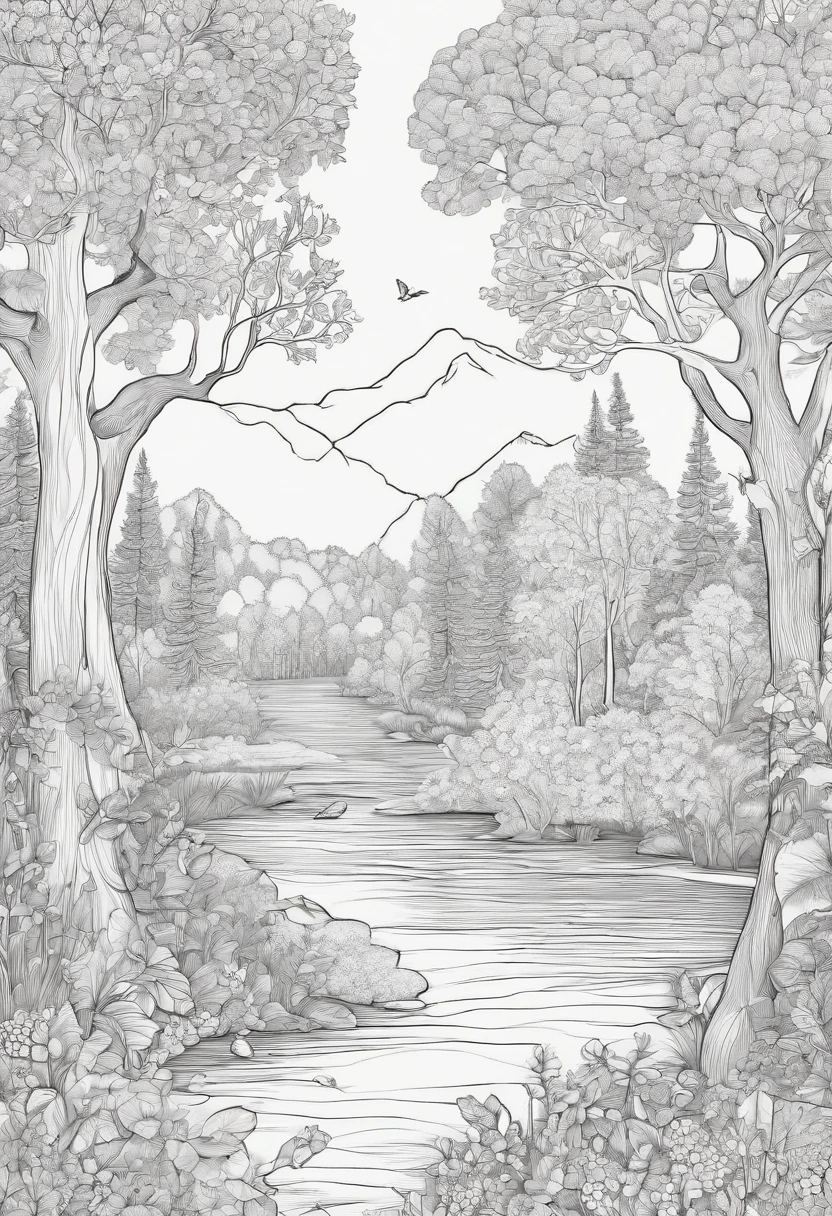 Coloring page, whimsical trees, woodland creatures, and enchanting landscape --no colors
