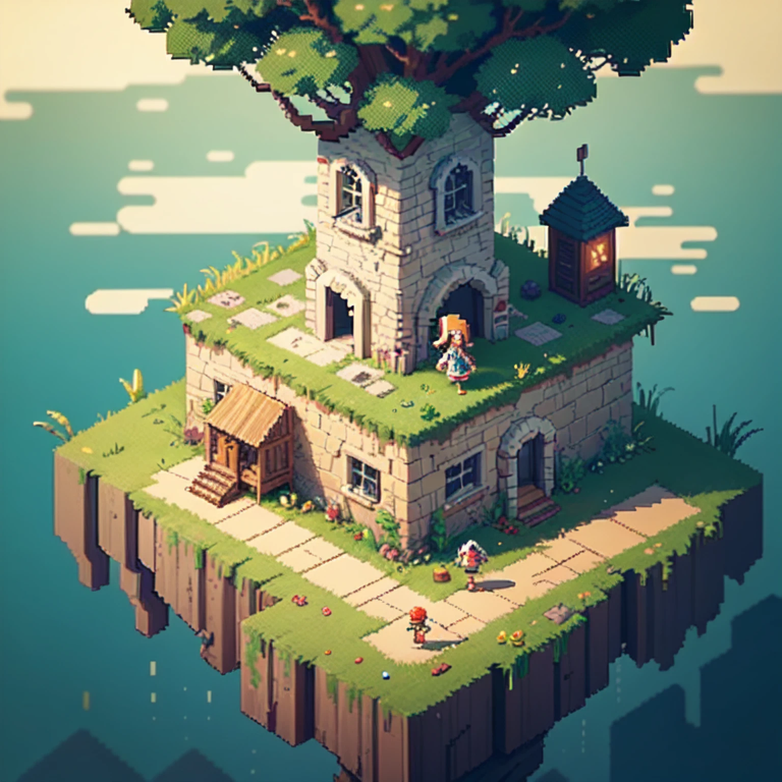 Pixel Game Scene, 8bit game, pixel style, 8bit dots, Isometric Adventure with a Girl, featuring a girl embarking on an epic quest, Unfold on a large map