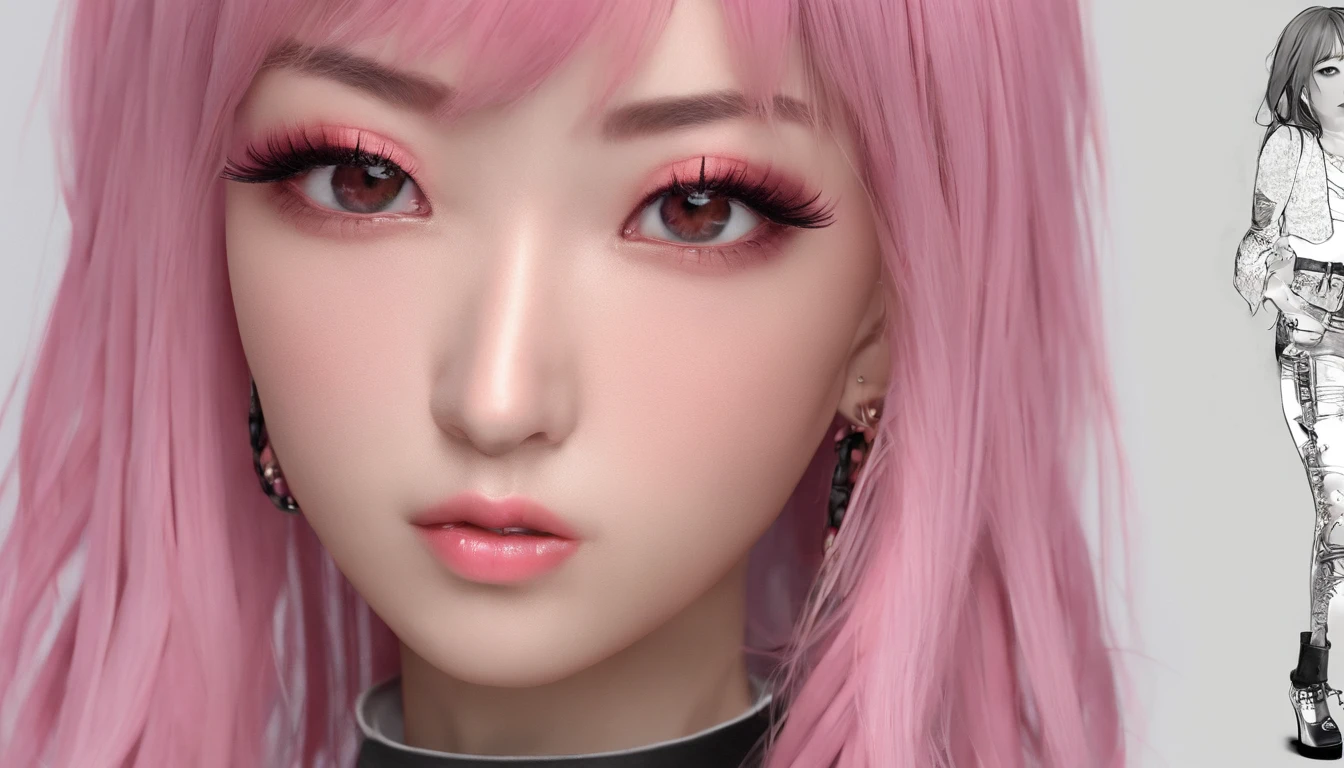 A beautiful Korean girl,Long pink hair,Tattooed with,full bodyesbian,Wearing a collar,Wear a black lace bra,Wear black lace panties,Wear stiletto heels,Wear black pantyhose,Bad girl,s the perfect face,Put on light makeup,Wear a ruby ring,Cool and funky style,On the dance floor,Ultra photo realsisim,8K