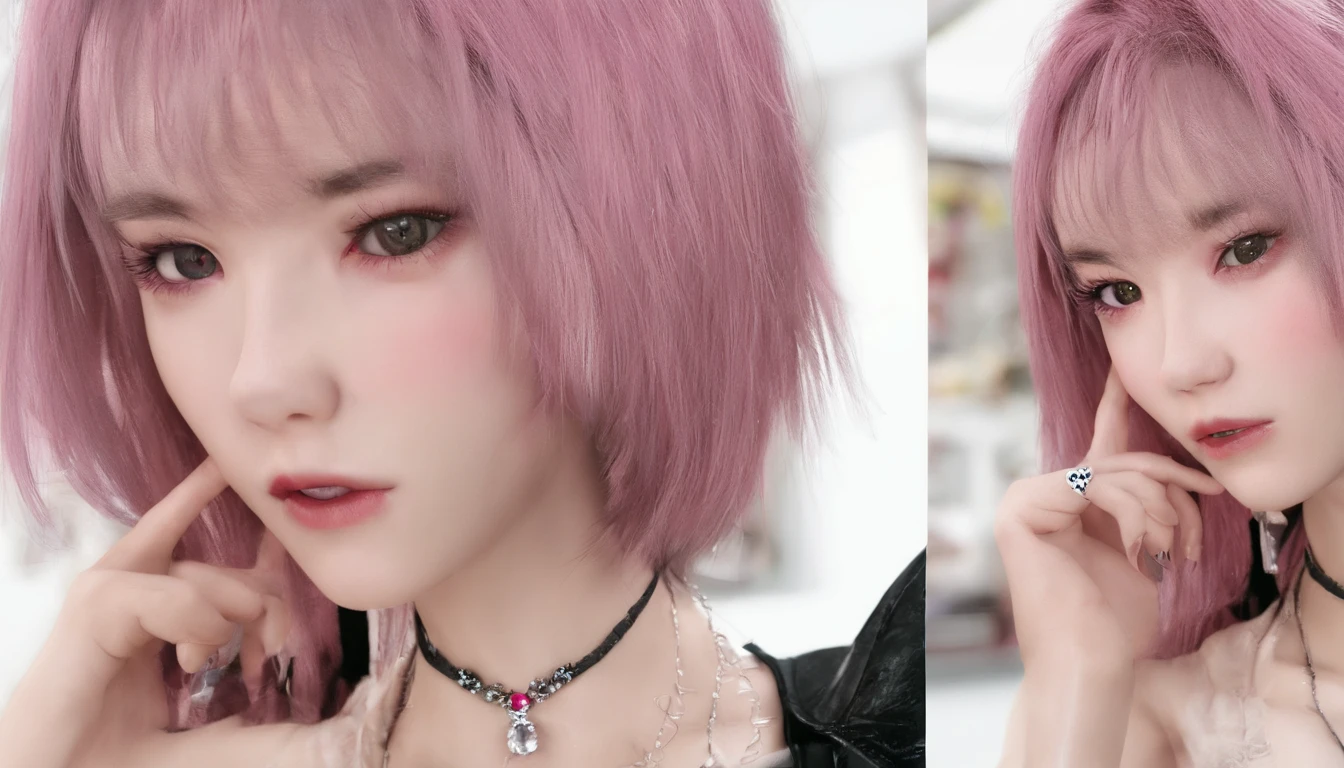 A beautiful Korean girl，Long pink hair，Tattooed with，full bodyesbian，Wearing a collar，Wear a black lace bra，Wear black lace panties，Wear stiletto heels，Wear black pantyhose，Bad girl，s the perfect face，Put on light makeup，Wear a ruby ring，Cool and funky style，On the dance floor，Ultra photo realsisim，8K