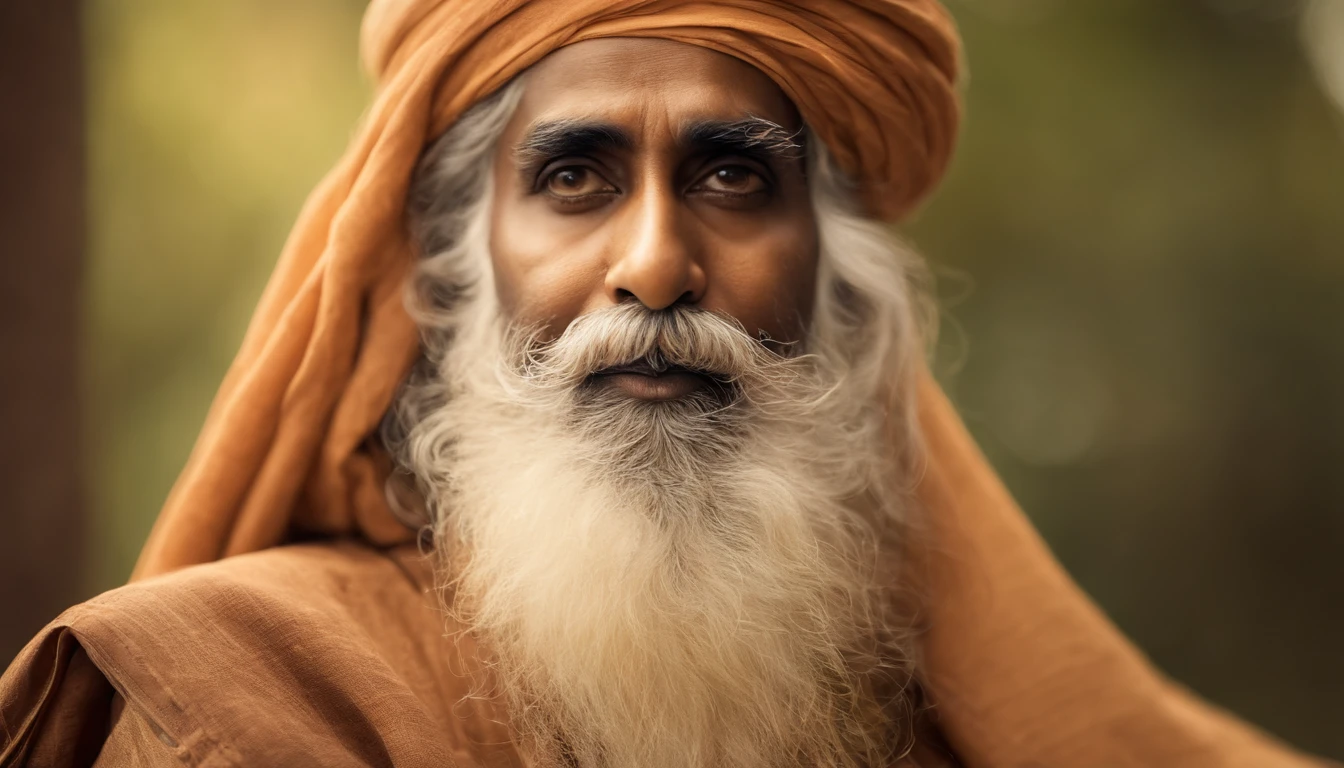 best quality,ultra-detailed,realistic,portrait of (((SADHGURU))),(spiritual guru,wise personality:1.1),meditative expression,piercing eyes,long beard,wise wrinkles,calm and peaceful background,soft lighting,close-up composition,intense gaze,subtle smile,vivid colors,deep spirituality,hint of mystery,traditional attire,transcendental aura,inspiring and enlightening,sublime and meditative atmosphere,divine wisdom,deep spiritual connection,spiritual awakening,pure and serene