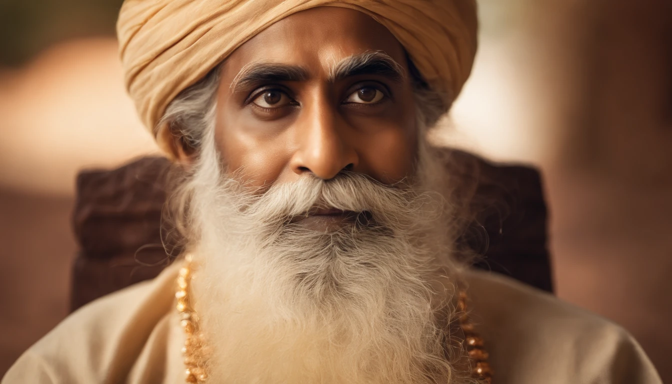 best quality,ultra-detailed,realistic,portrait of (((SADHGURU))),(spiritual guru,wise personality:1.1),meditative expression,piercing eyes,long beard,wise wrinkles,calm and peaceful background,soft lighting,close-up composition,intense gaze,subtle smile,vivid colors,deep spirituality,hint of mystery,traditional attire,transcendental aura,inspiring and enlightening,sublime and meditative atmosphere,divine wisdom,deep spiritual connection,spiritual awakening,pure and serene