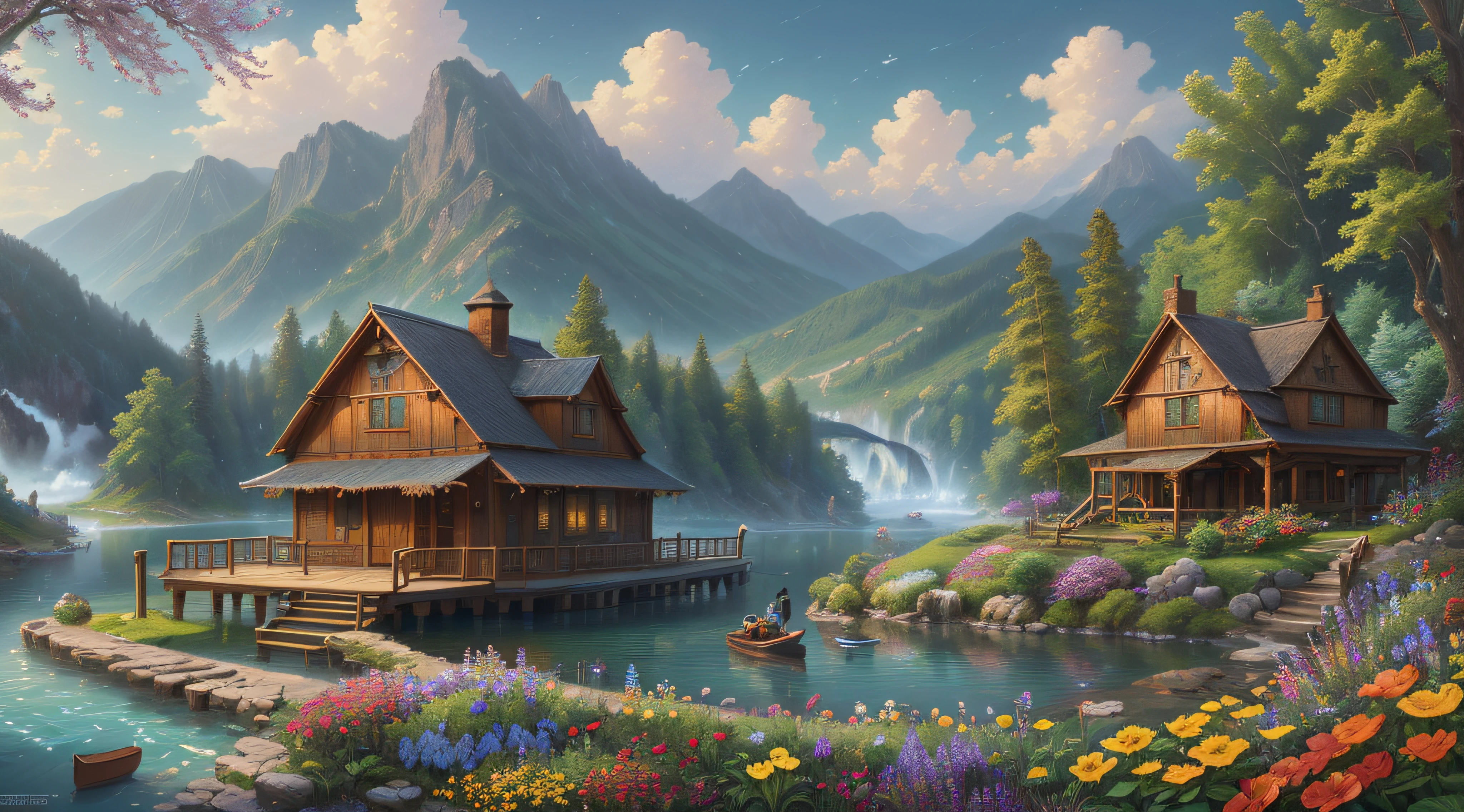 landscape, water, Hut, smoke, boat in the water, flowers ,stream, color full (extremely detailed CG unity 8k wallpaper), most beautiful artwork in the world, professional majestic oil painting, intricate, High Detail, Sharp focus, dramatic, photorealistic painting art, style of Thomas Kinkade