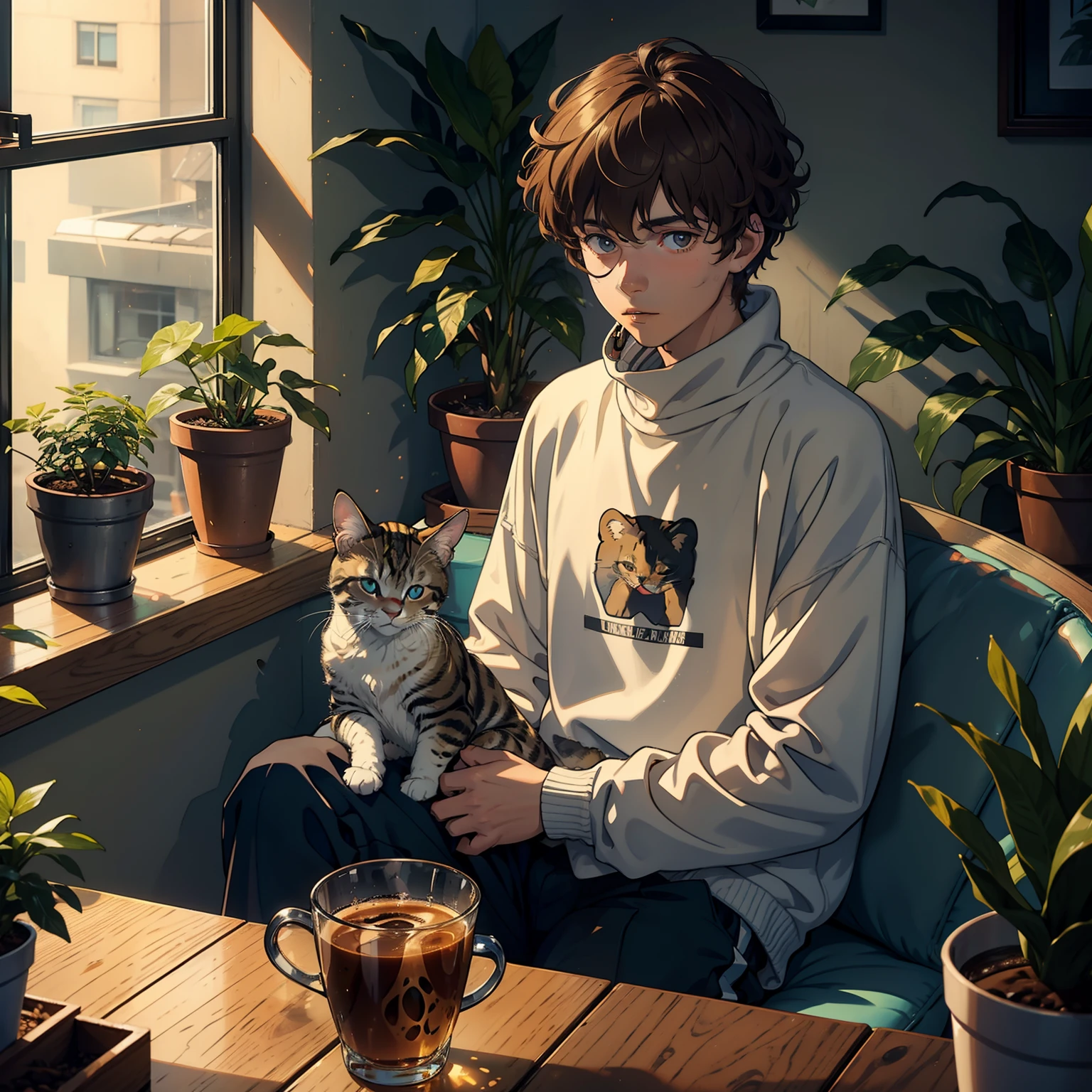There's an 18-year-old boy with curly light brown hair smoking a cigarette sitting near a window with several plants around him and a kitten cat in his lap. He's wearing a sweatshirt with the turtleneck on and has a coffee on top of a nearby table